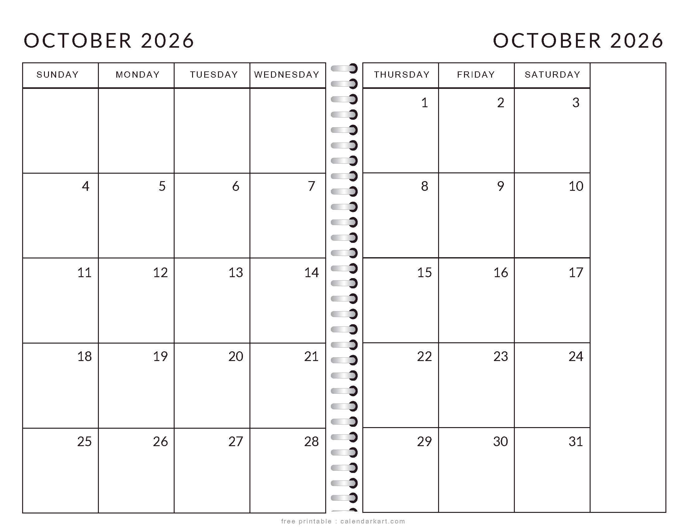 Printable October 2026 Calendar 2 Page Monthly