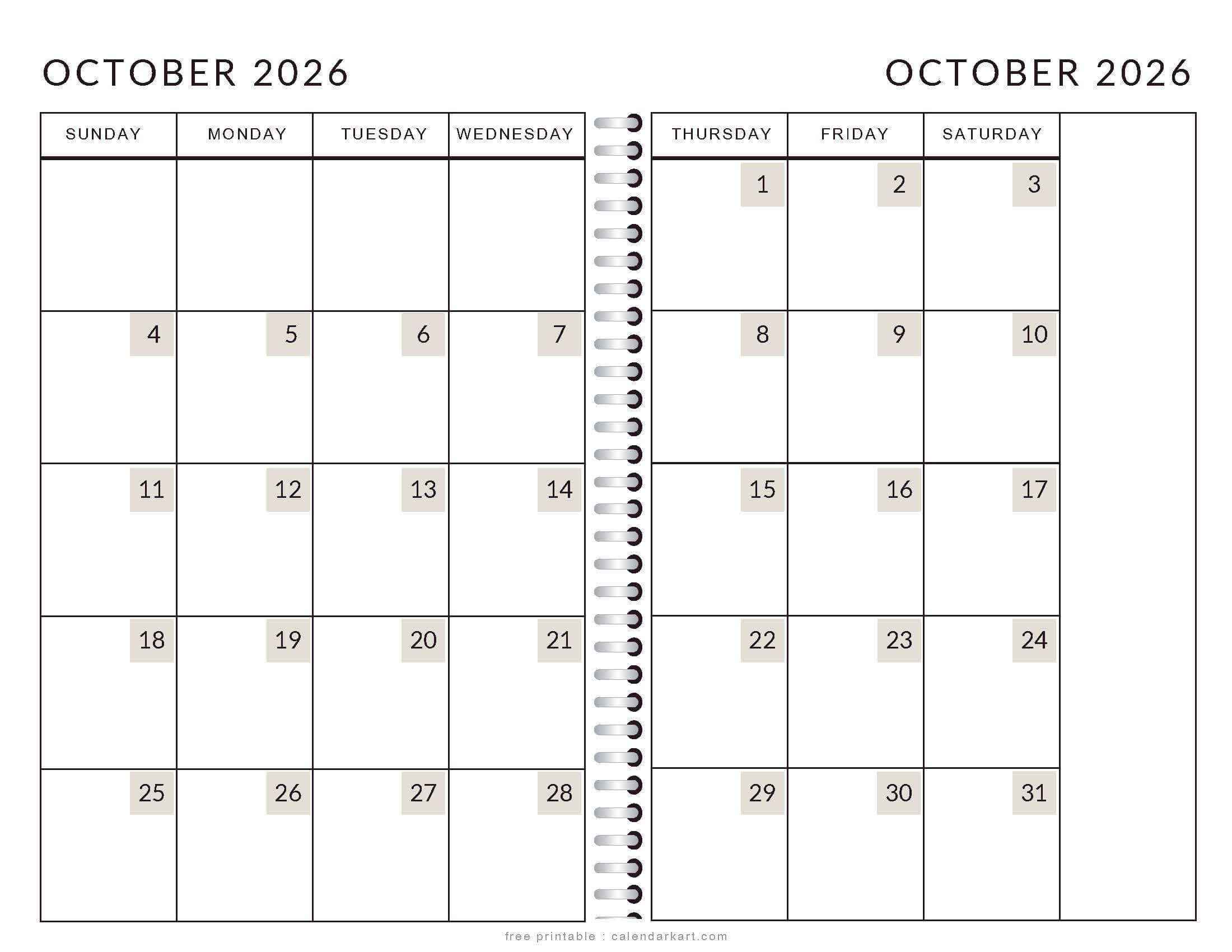 Printable October 2026 Calendar 2 Page Soft Pastel