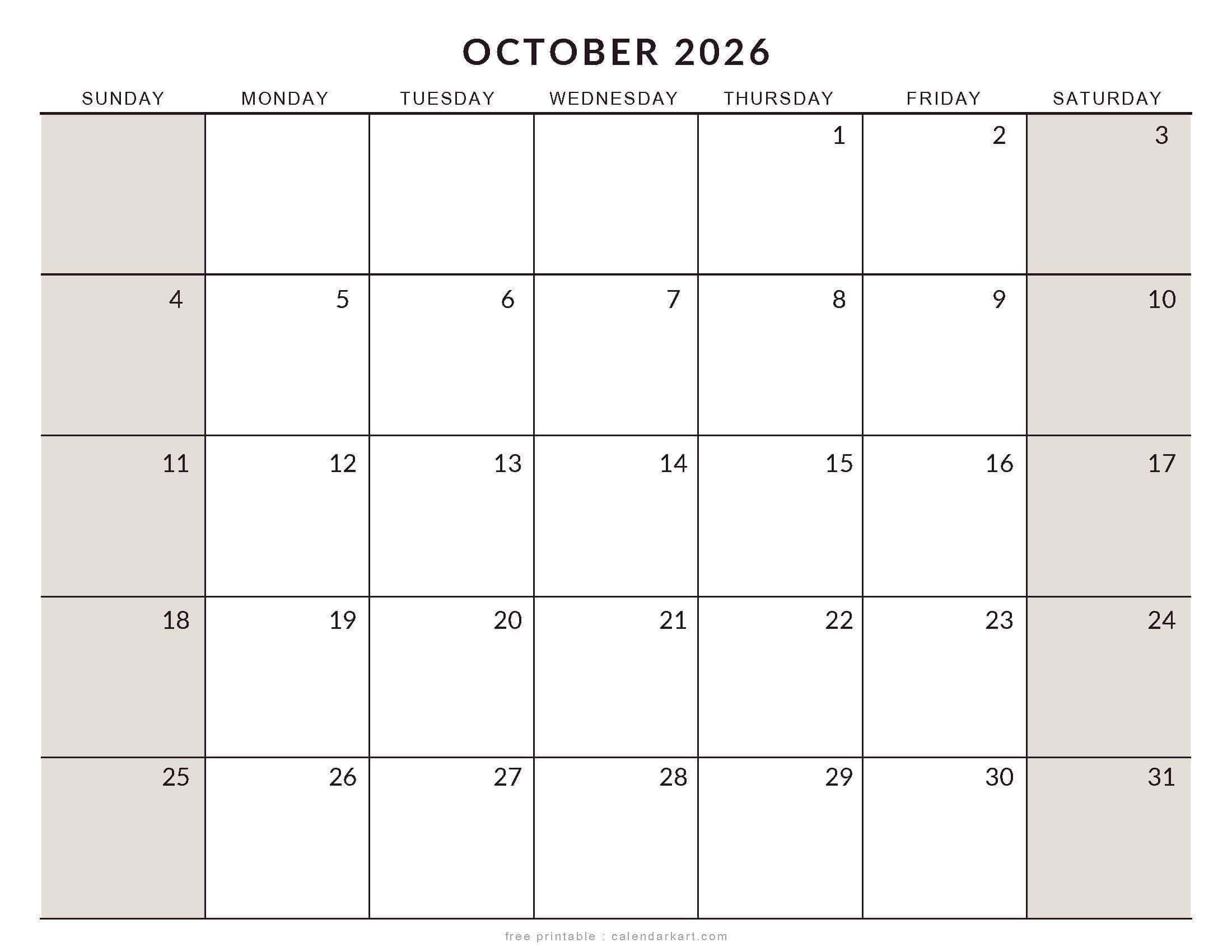 Printable October 2026 Calendar Large Size Soft Pastel