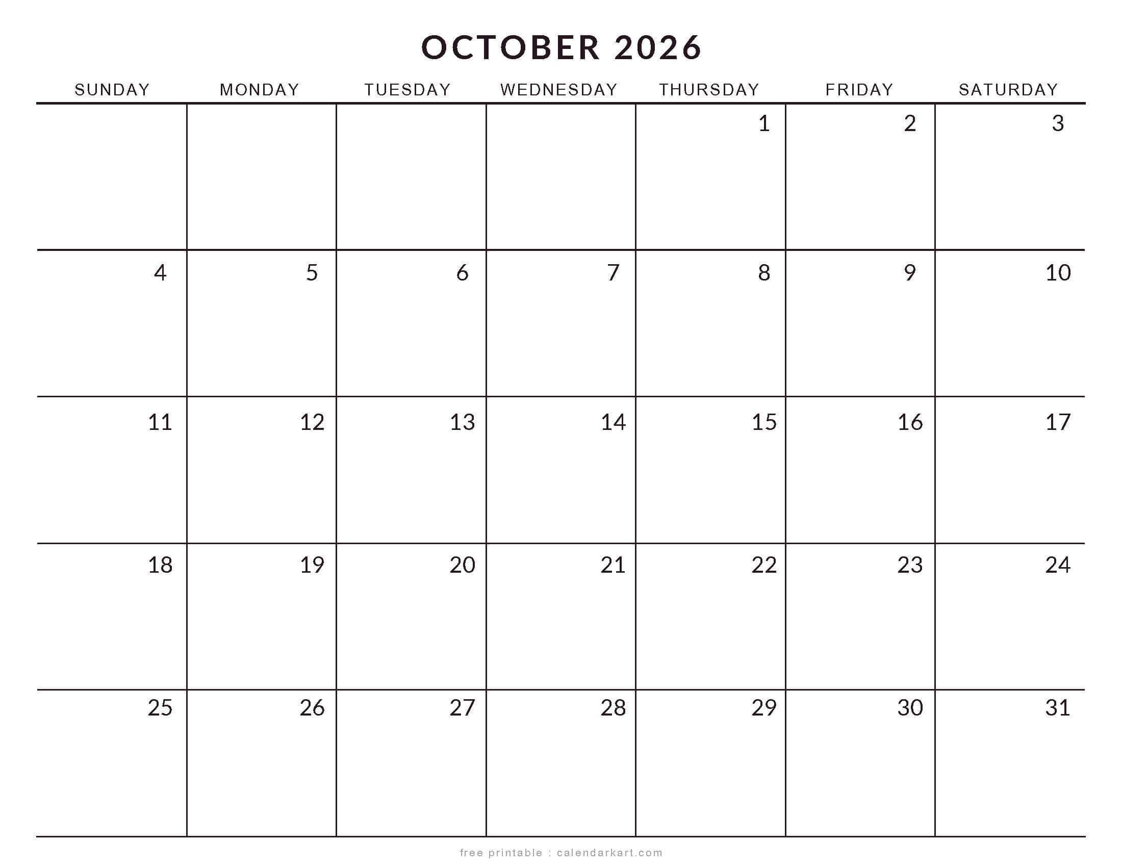 Printable October 2026 Calendar Large Size