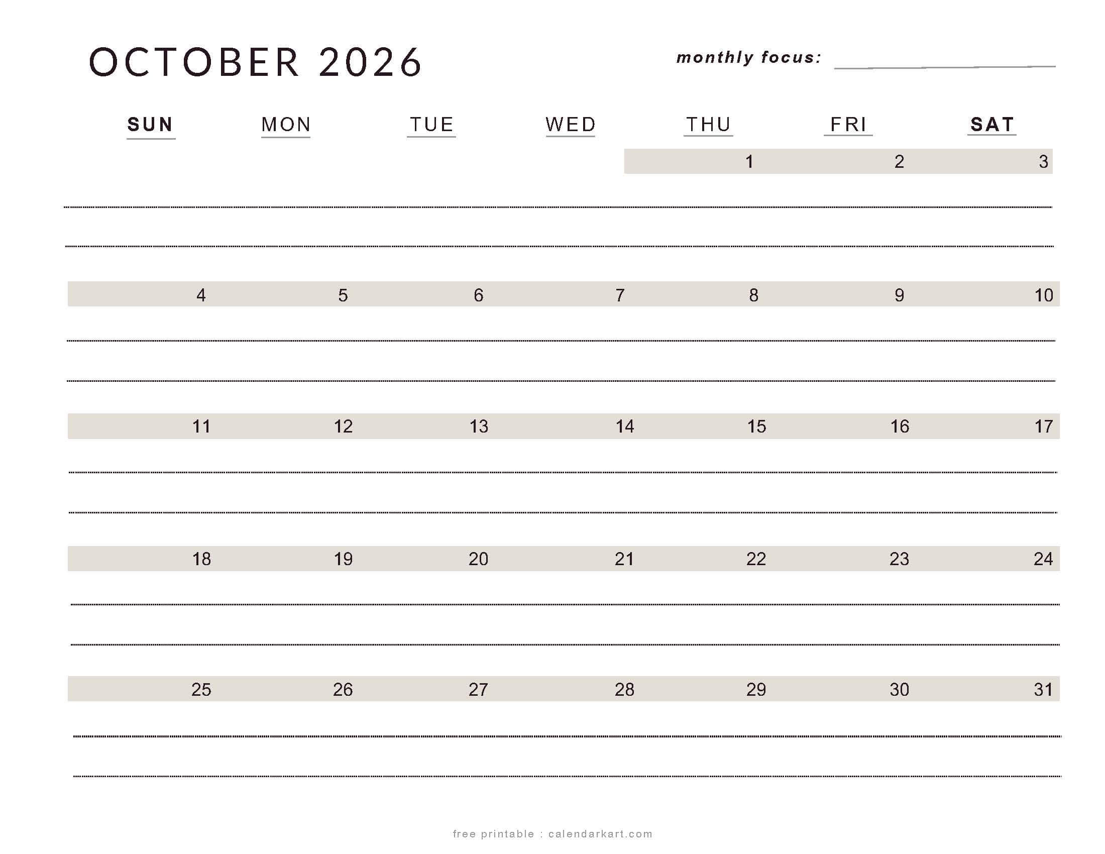 Printable October 2026 Calendar Lined soft Pastel