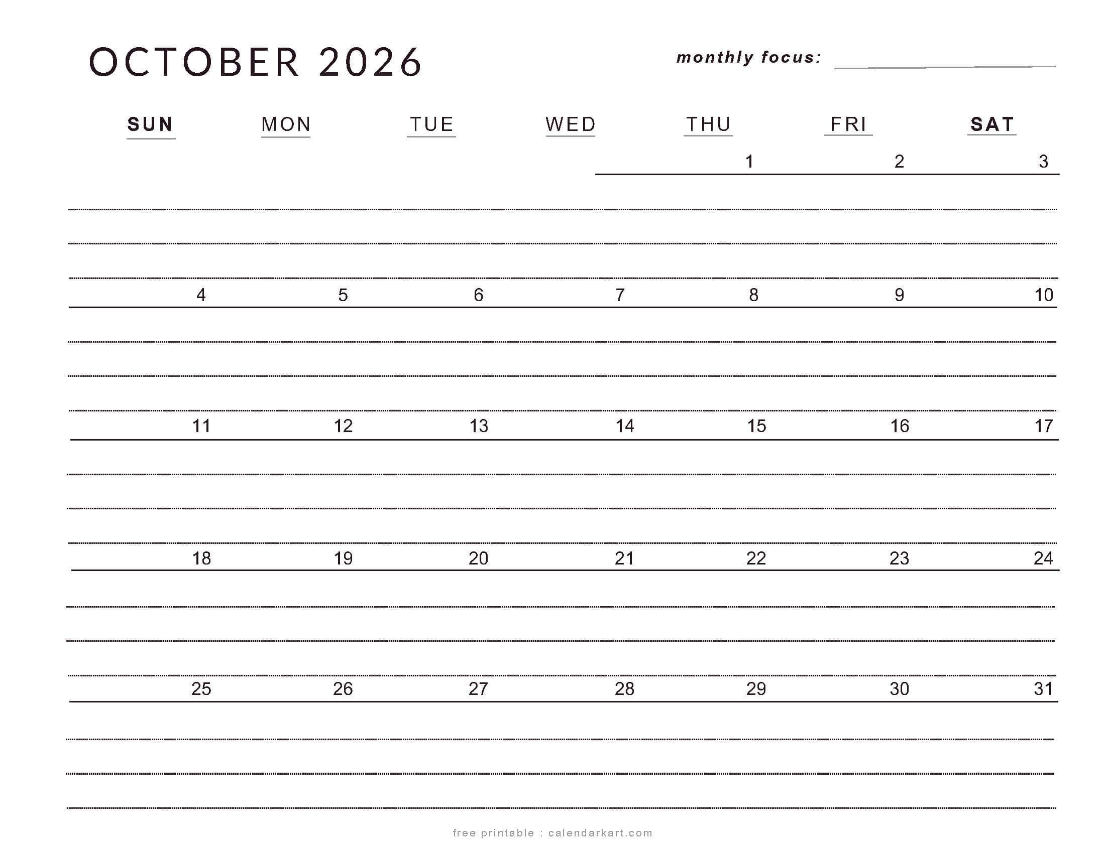 Printable October 2026 Calendar Lined