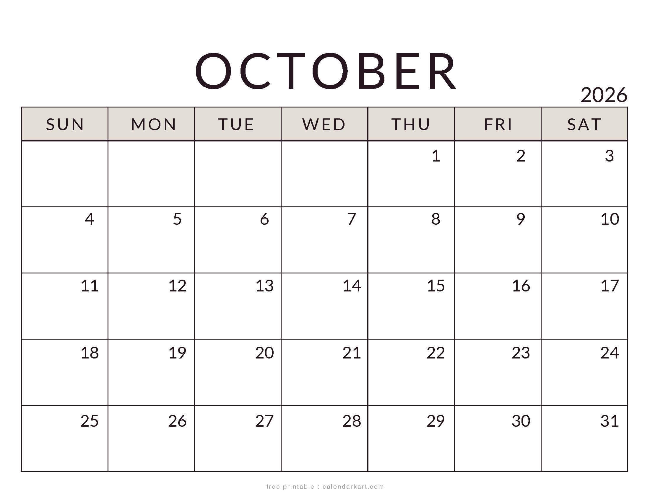 Printable October 2026 Calendar Minimal
