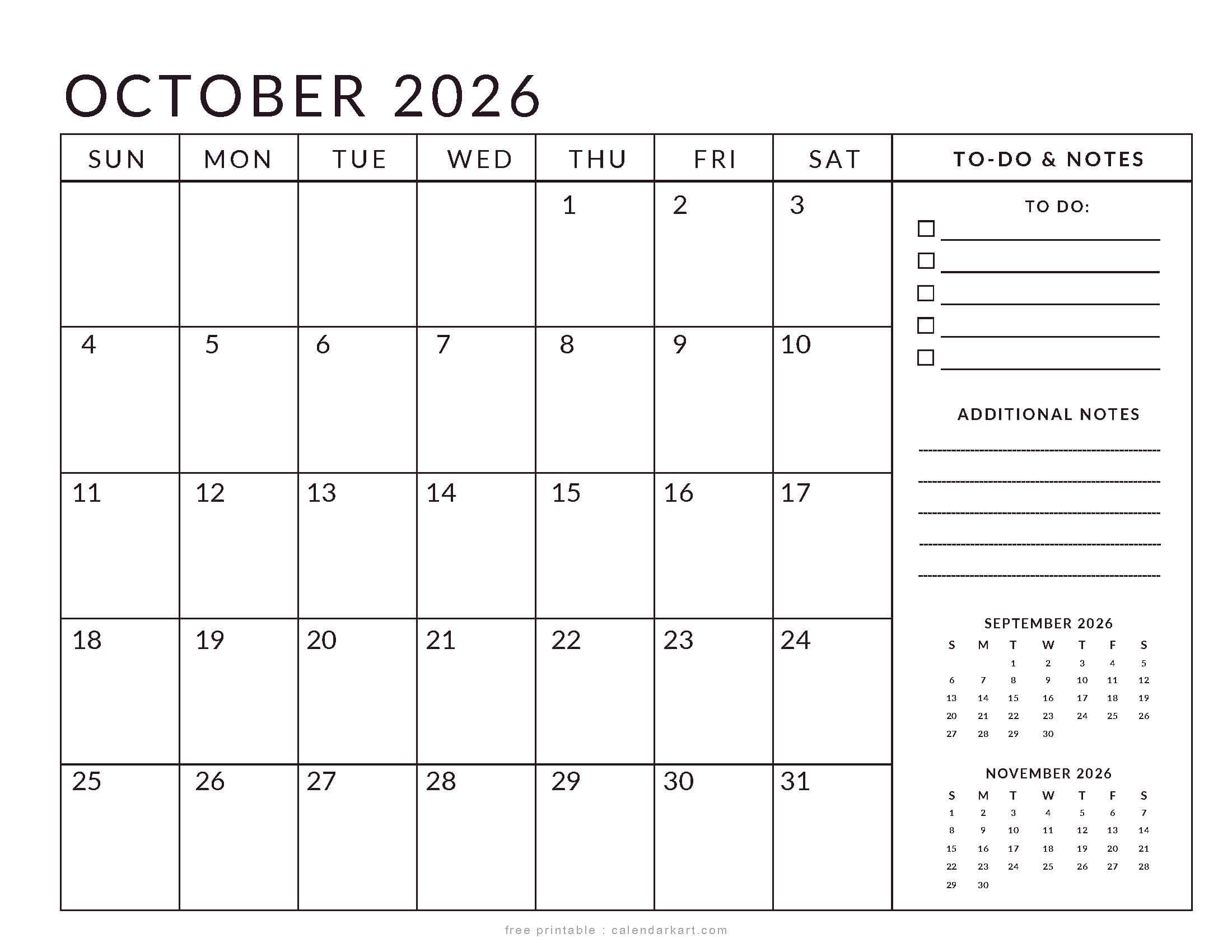 Printable October 2026 Calendar Planner