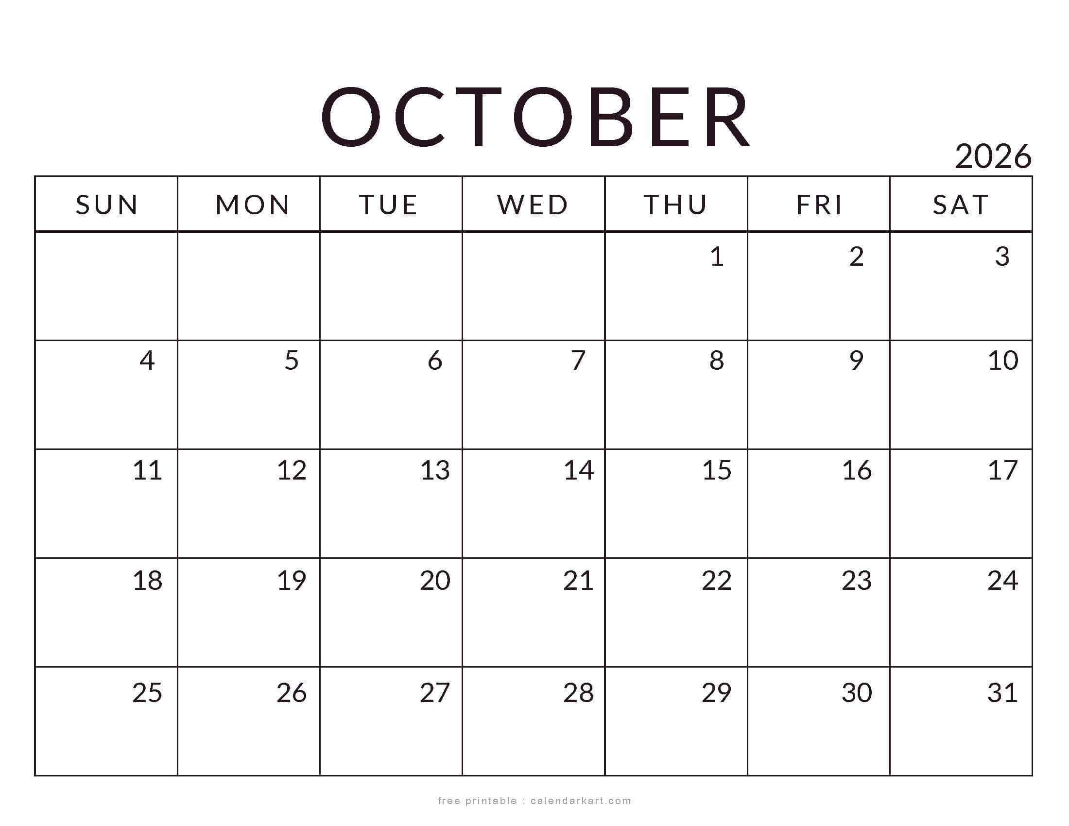Printable October 2026 Calendar Standard