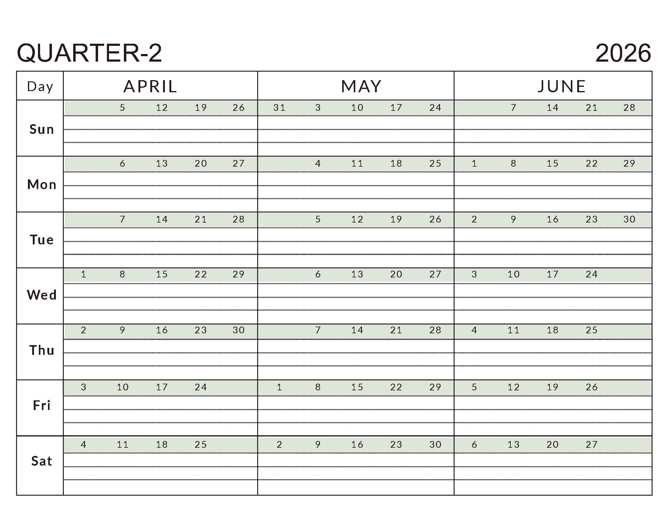 Printable Q2 Calendar Apr-Jun 2026 Soft Paste