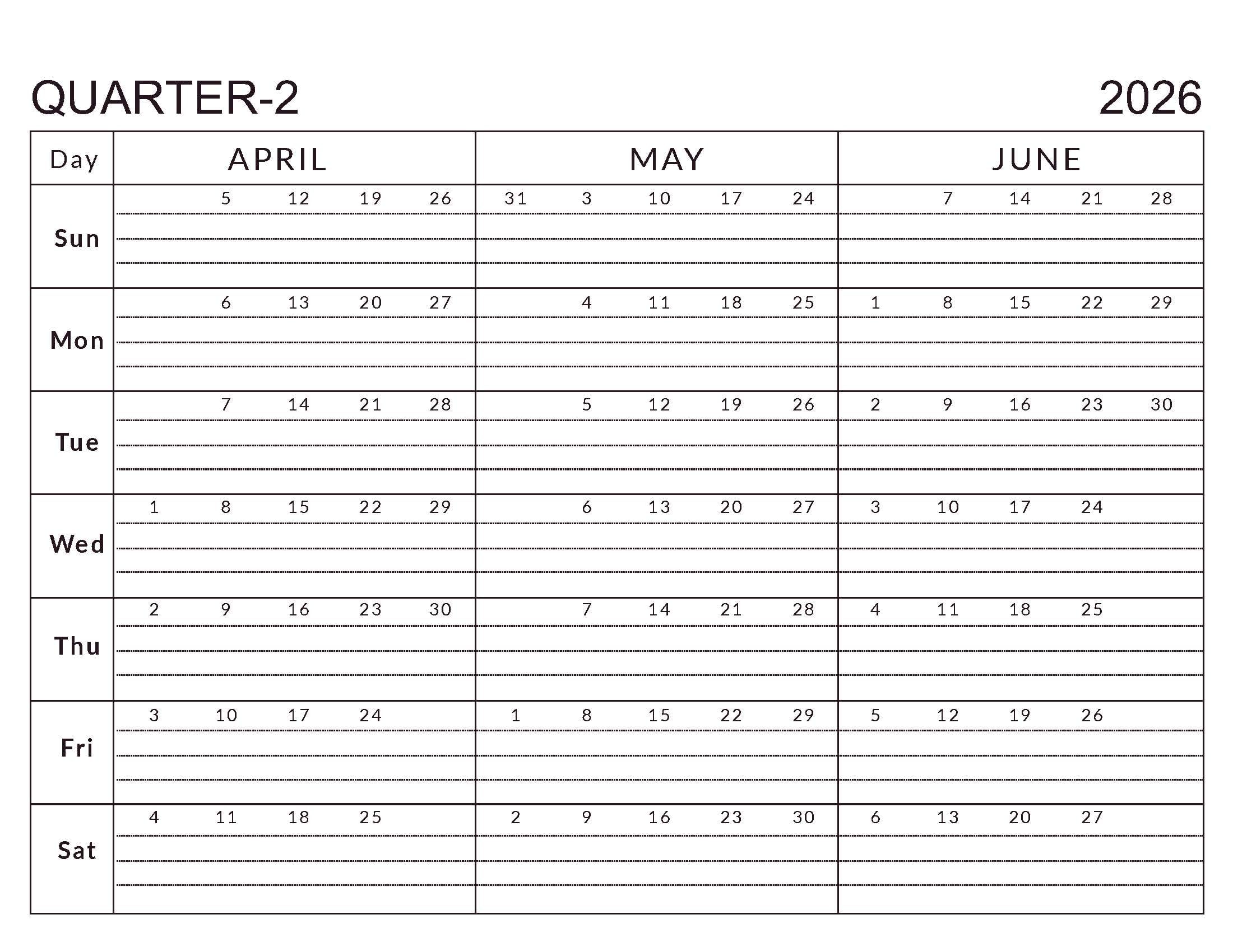 Printable Q2 Calendar Apr-Jun 2026