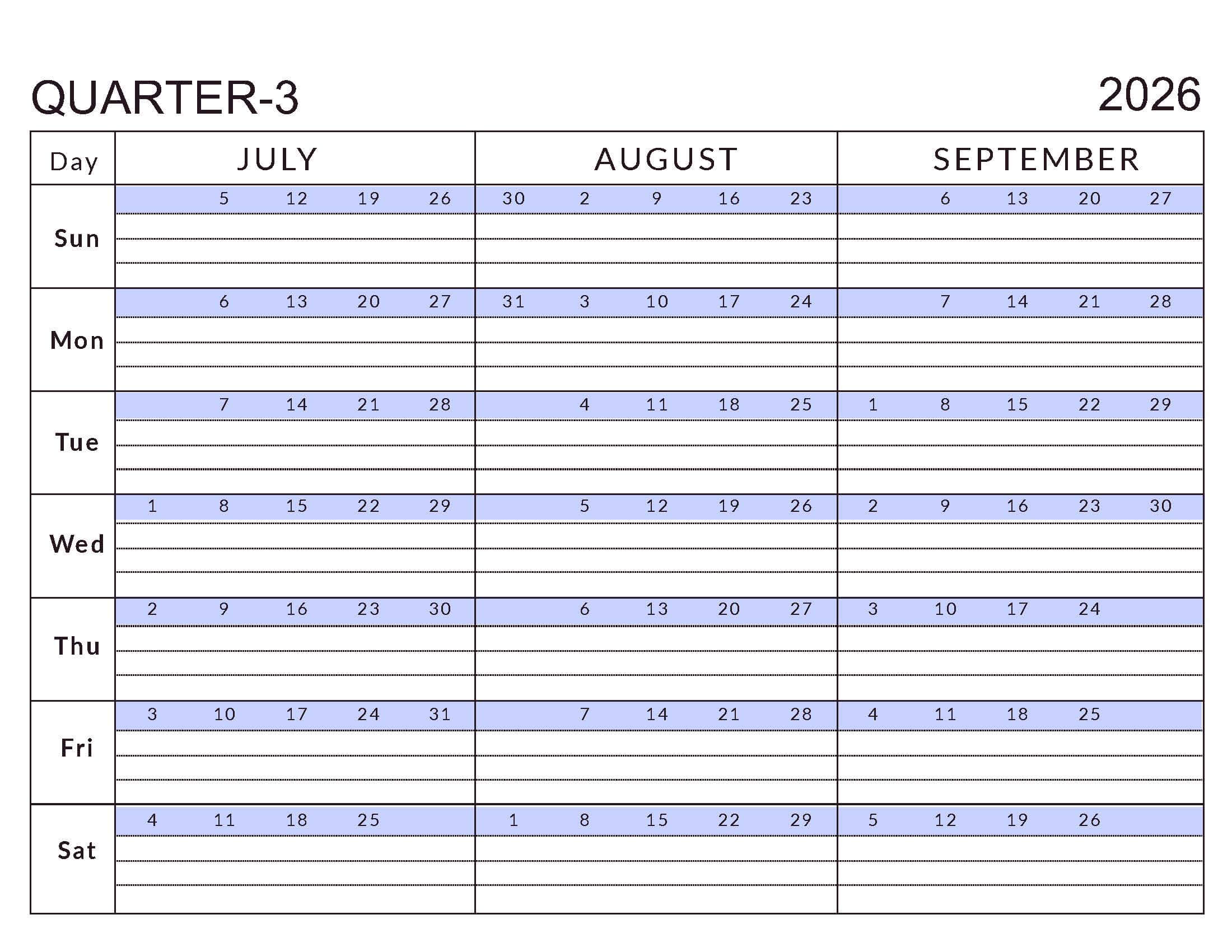 Printable Q3 Calendar Jul-Sep 2026 Soft Paste