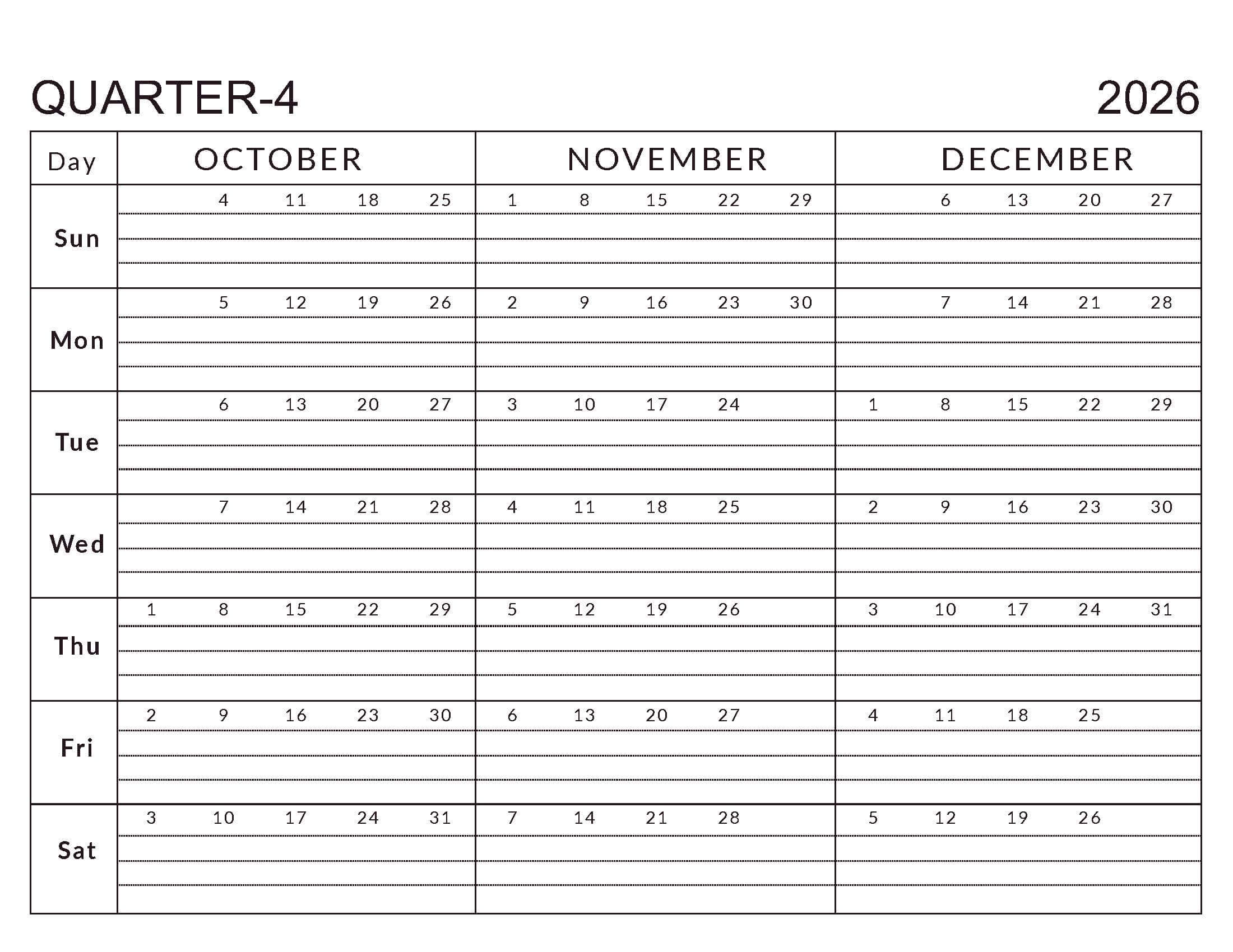 october-december 2026 Calendar - Q4 Planner Templates ...