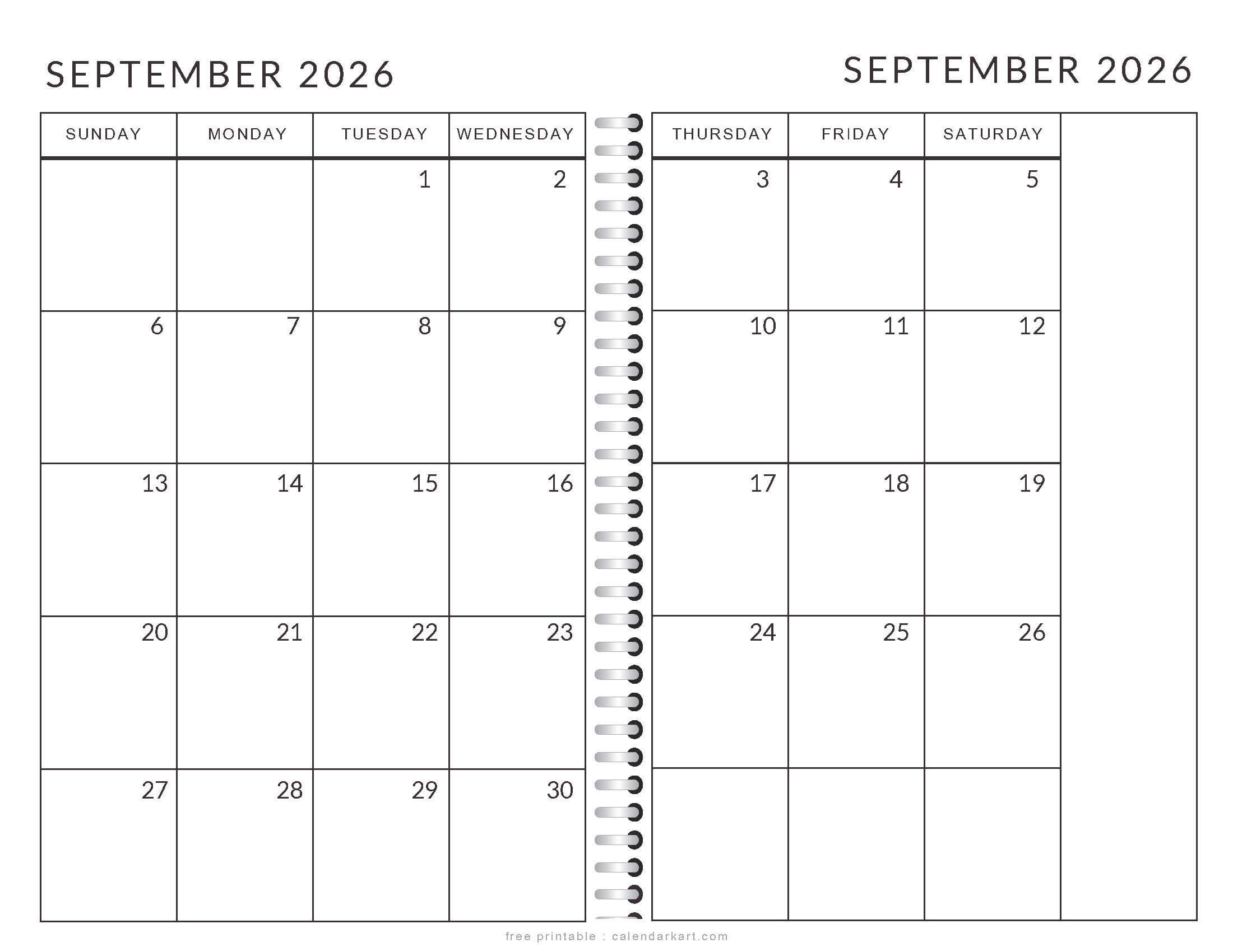 Printable September 2026 Calendar 2 Page Monthly