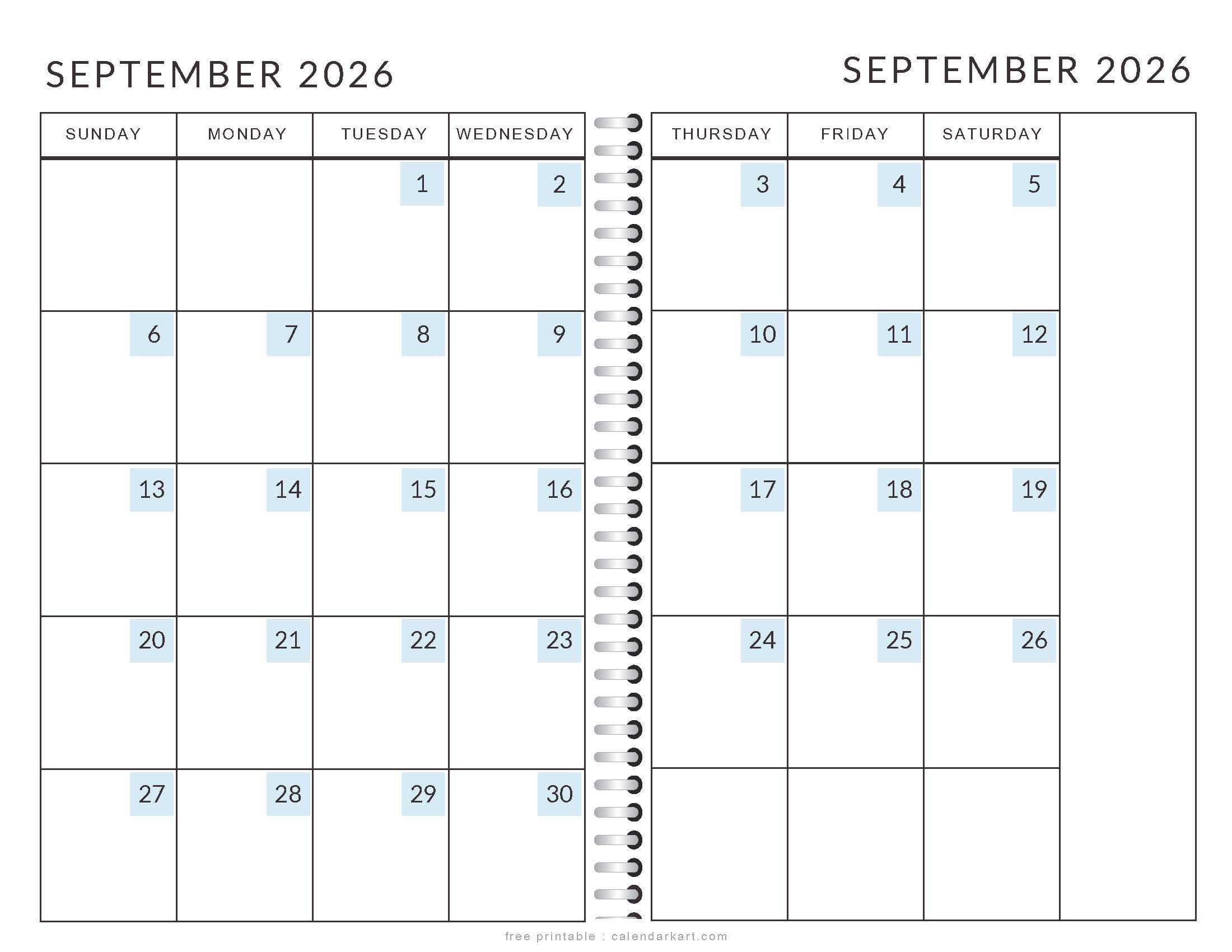 Printable September 2026 Calendar 2 Page Soft Pastel