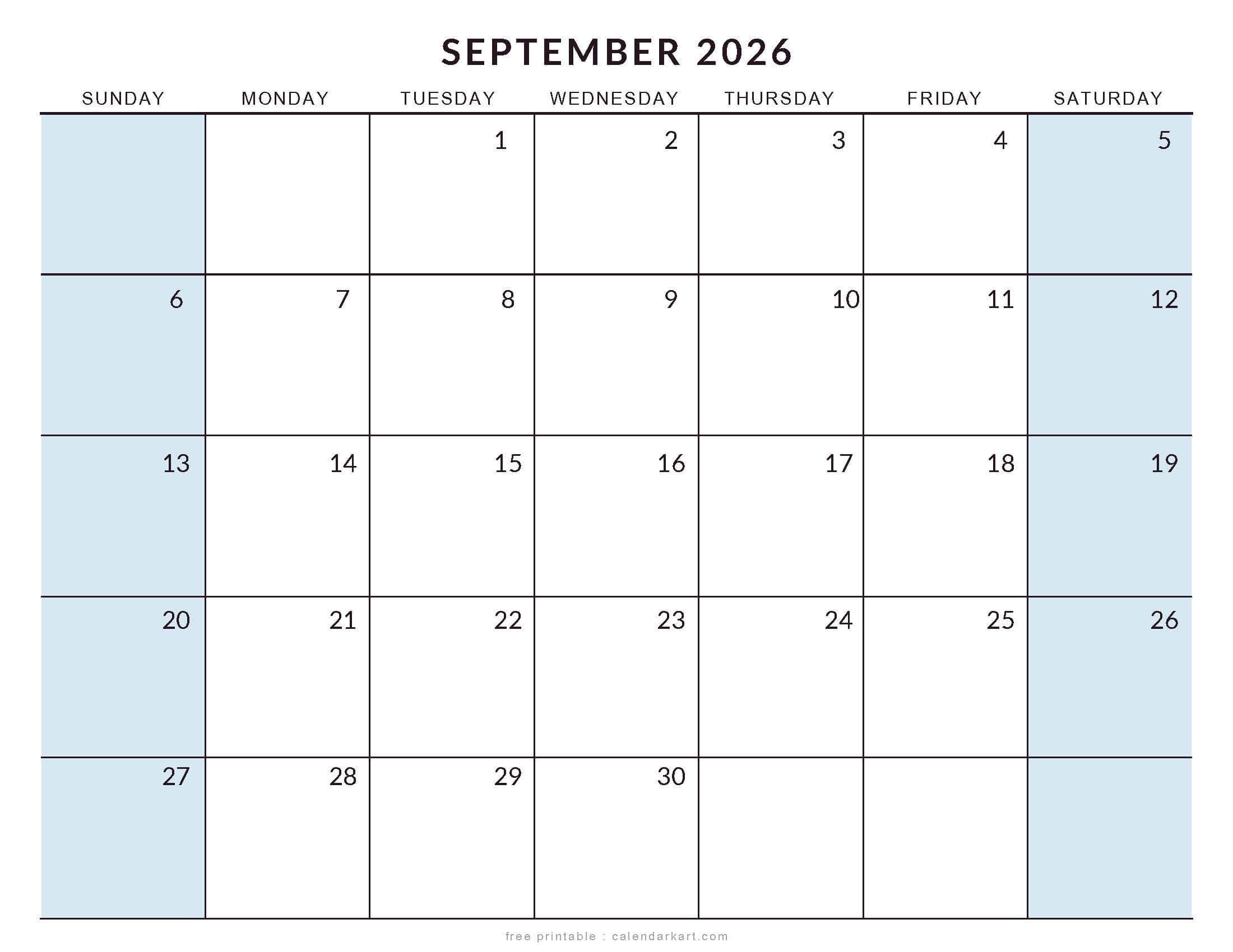 Printable September 2026 Calendar Large Size Soft Pastel