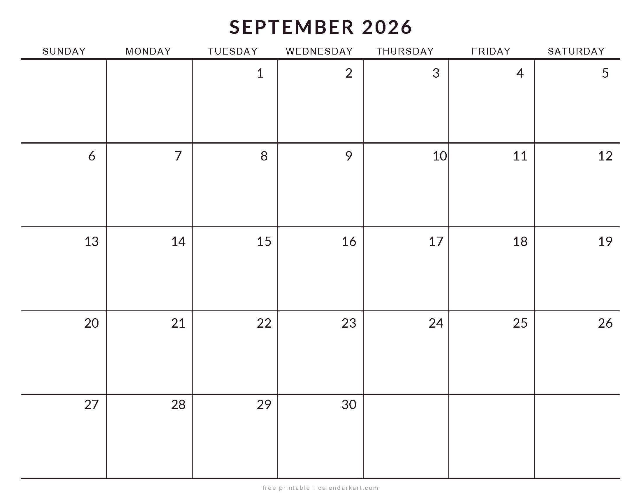 Printable September 2026 Calendar Large Size