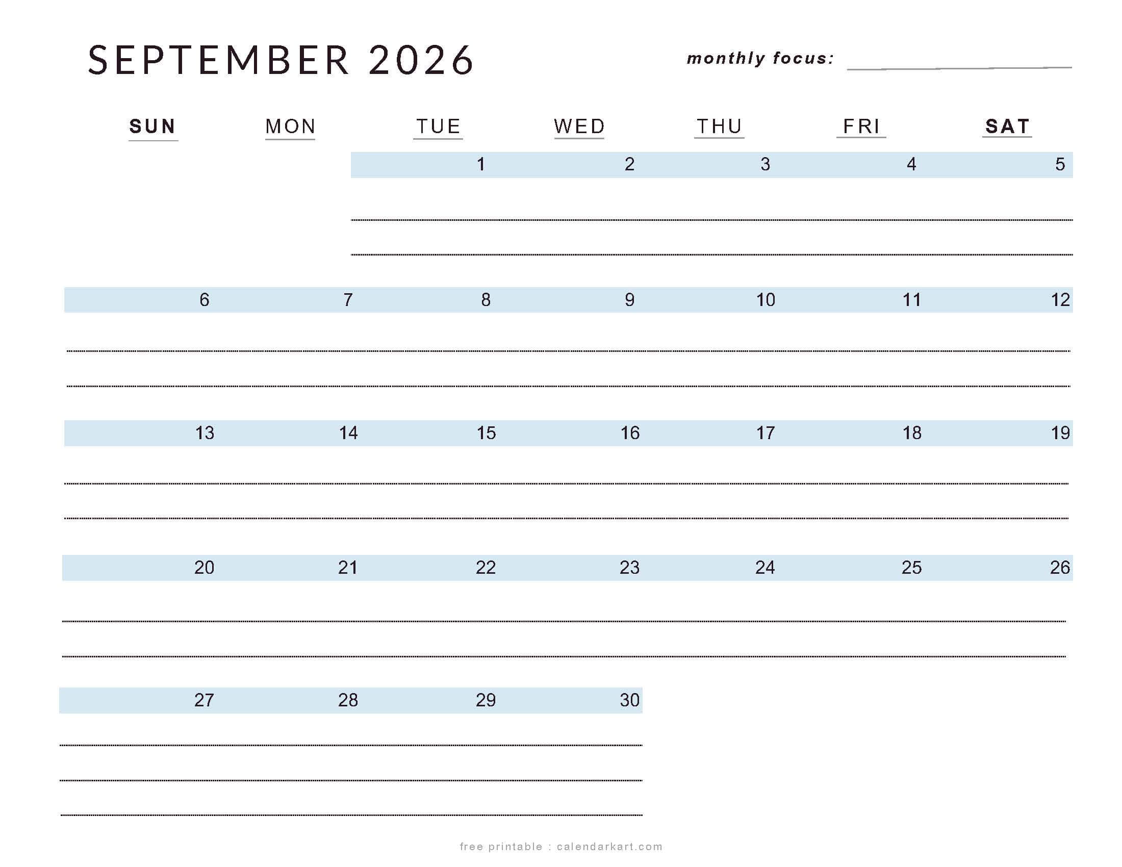 Printable September 2026 Calendar Lined soft Pastel