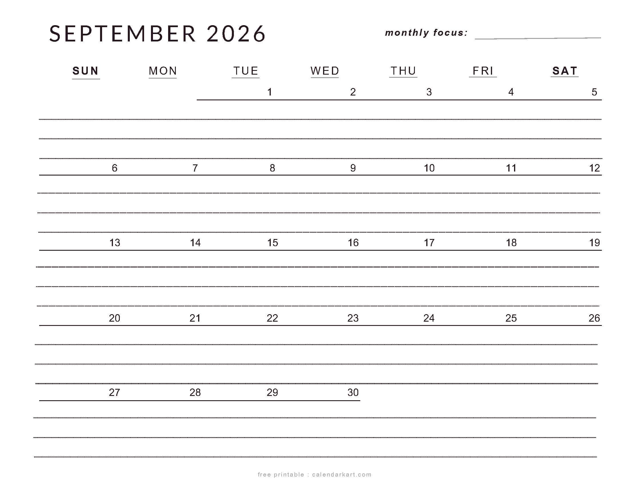 Printable September 2026 Calendar Lined