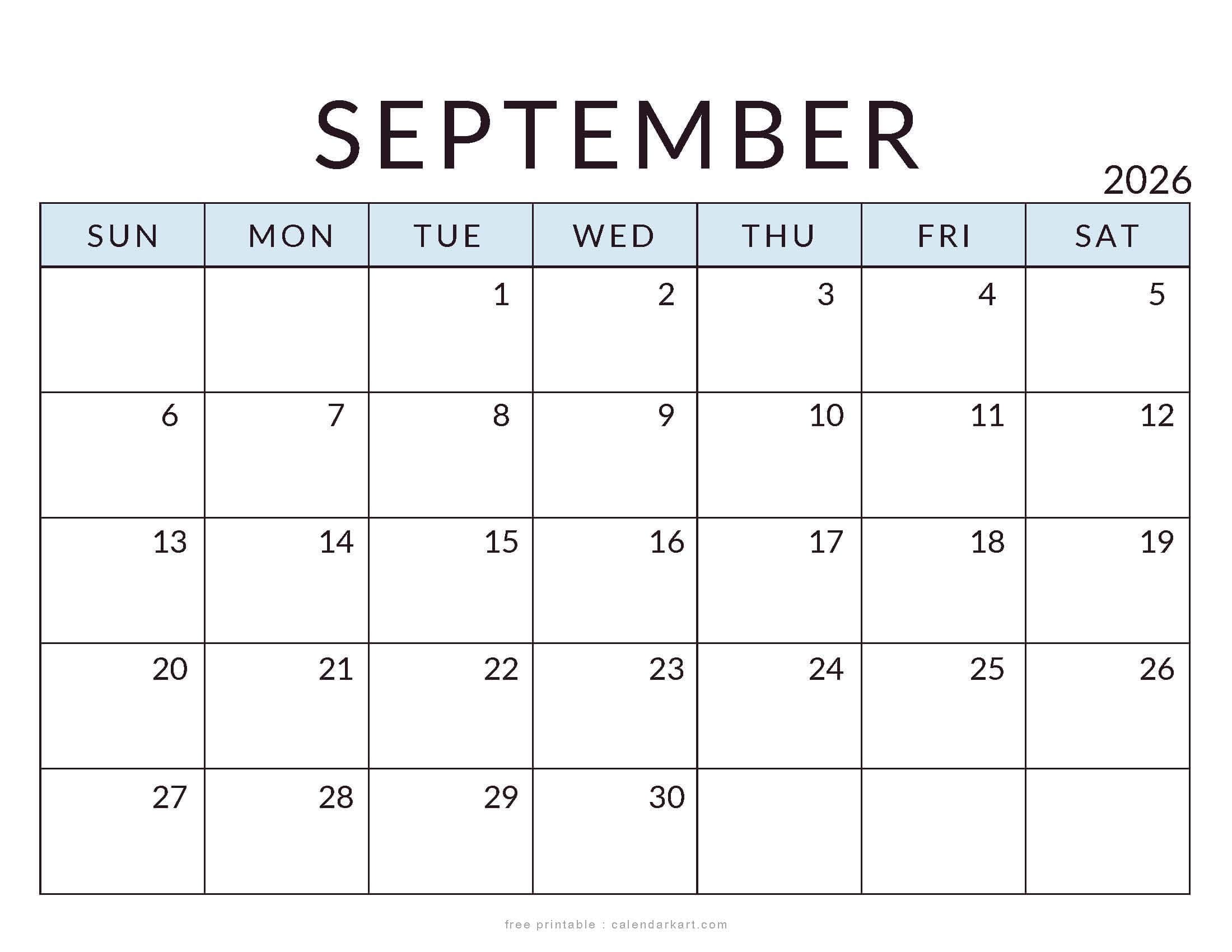 Printable September 2026 Calendar Minimal