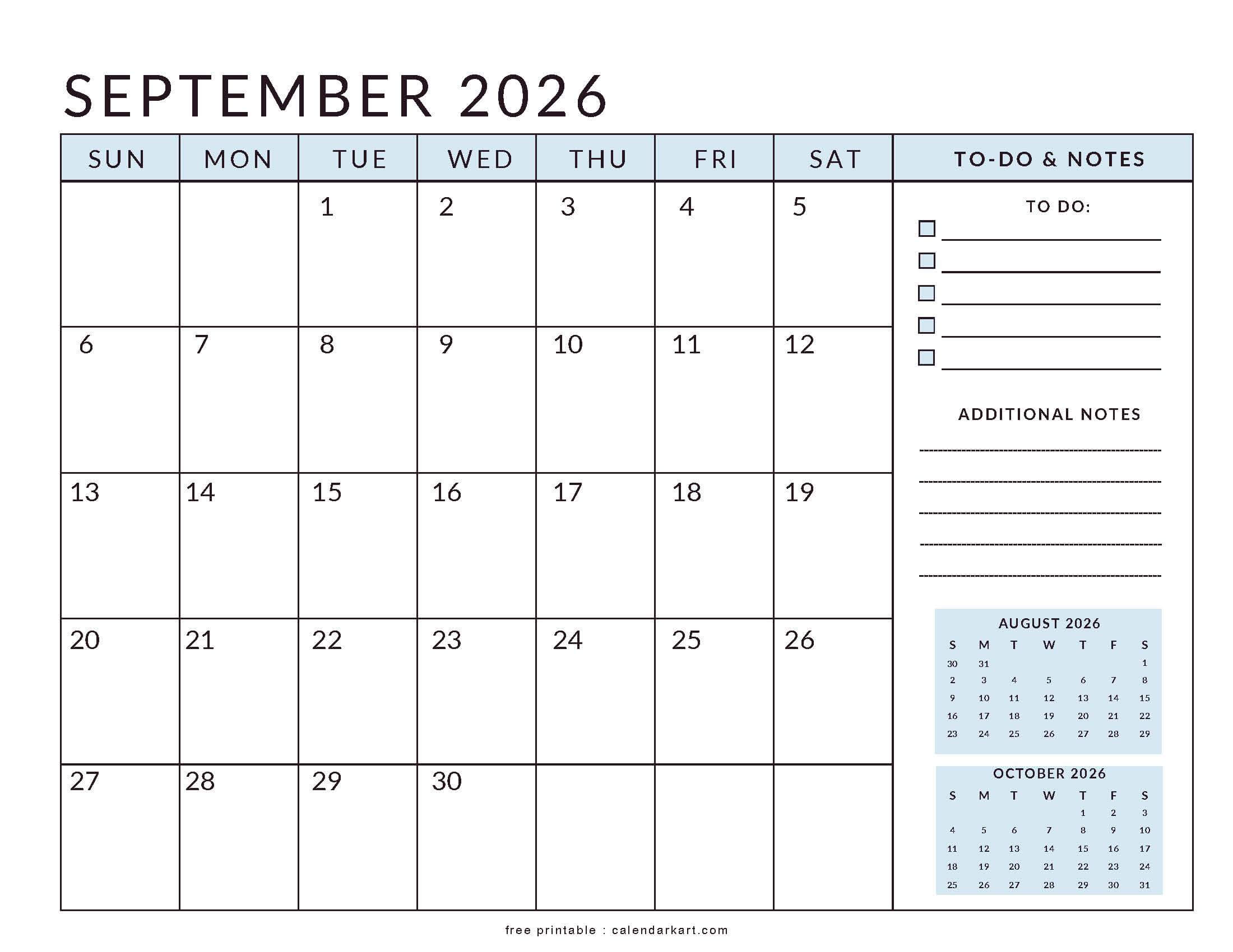 Printable September 2026 Calendar Planner Soft Pastel
