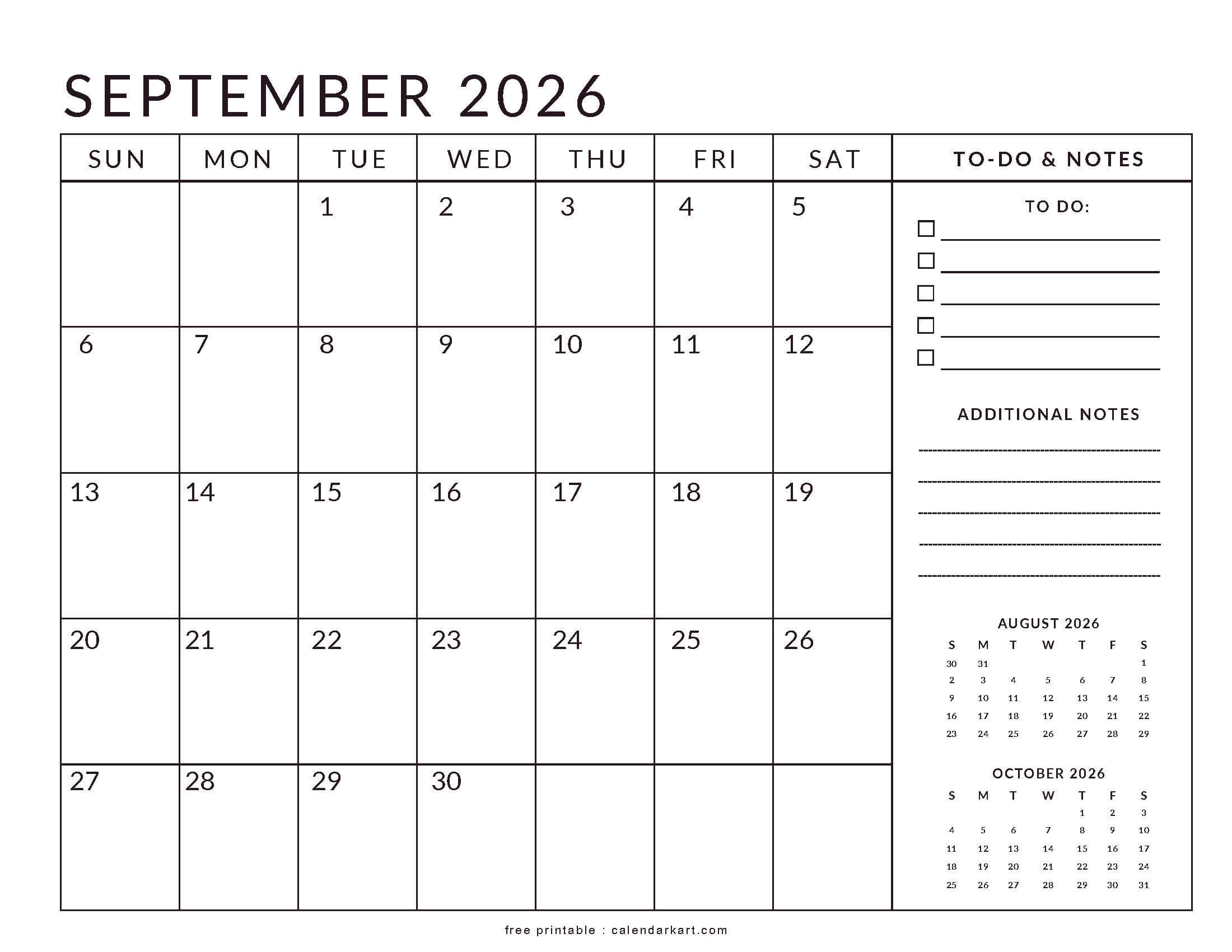 Printable September 2026 Calendar Planner