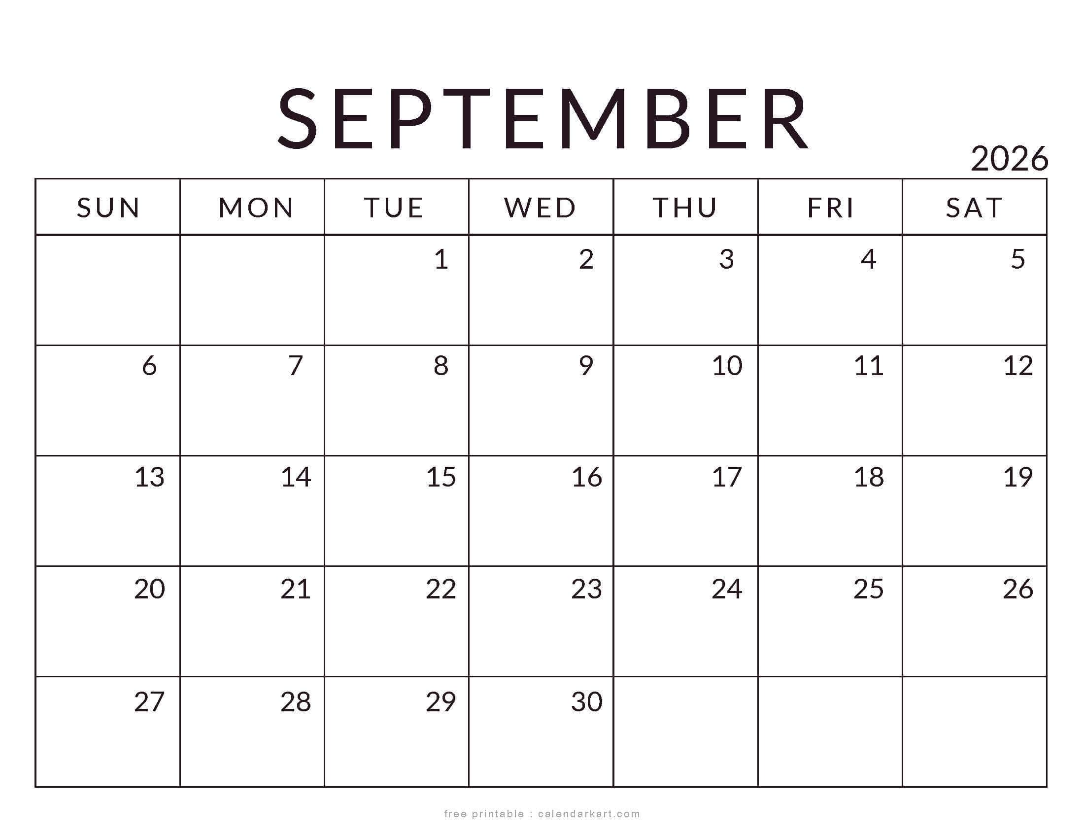 Printable September 2026 Calendar Standard