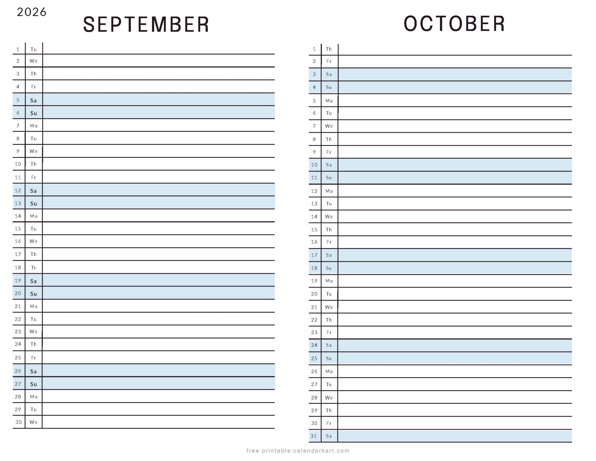 september october 2026 Calendars – Free Printable PDFs - CalendarKart