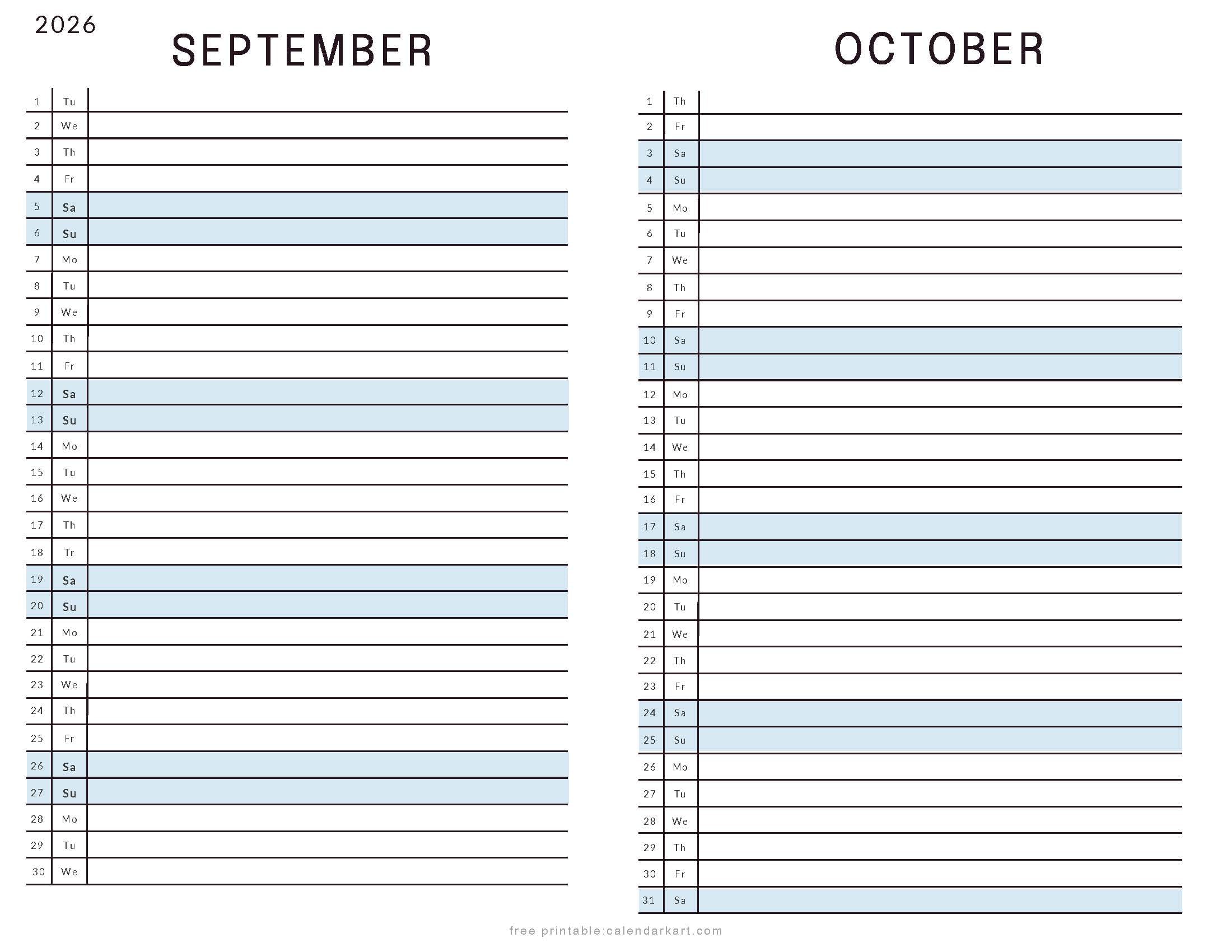 September October 2026 Calendar List View Soft Pastel