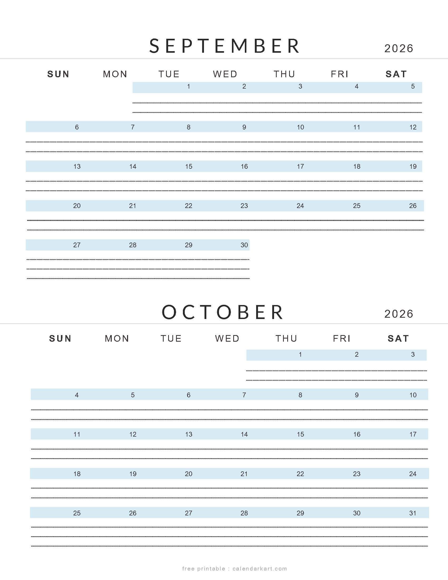 September October 2026 Lined Calendar Soft Pastel