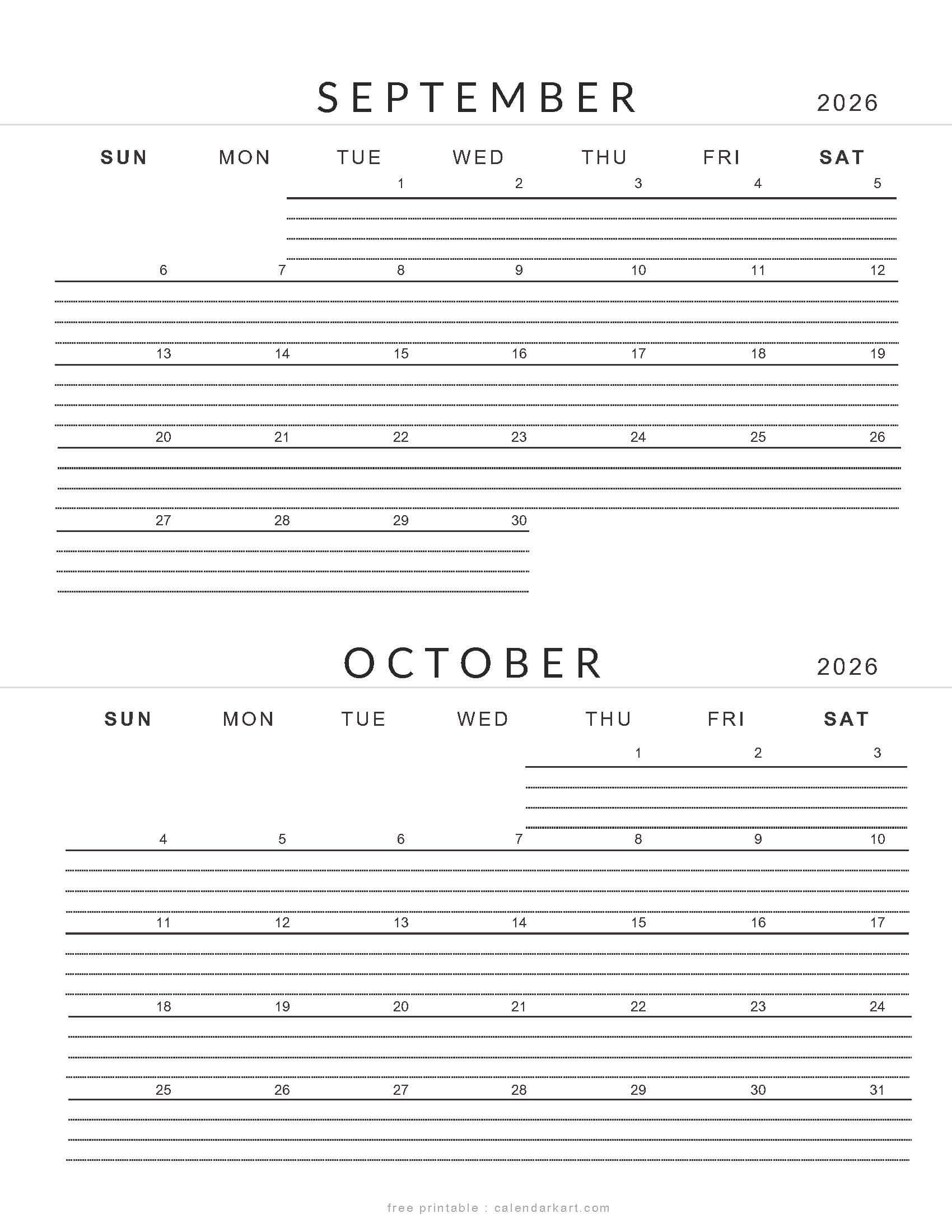 September October 2026 Lined Calendar