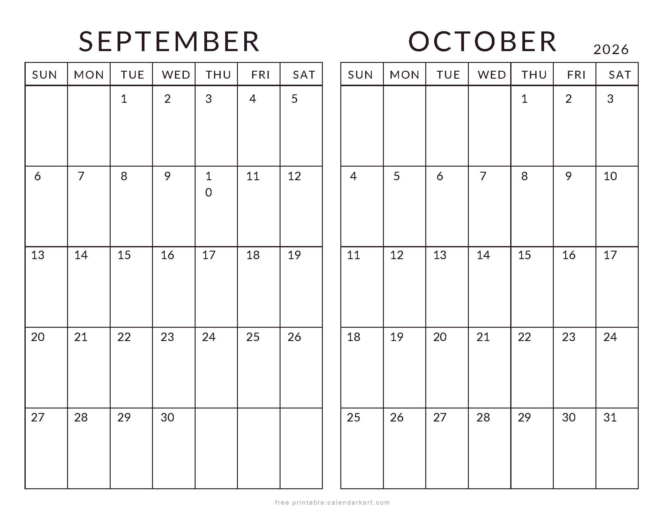 September October 2026 Minimal Calendar