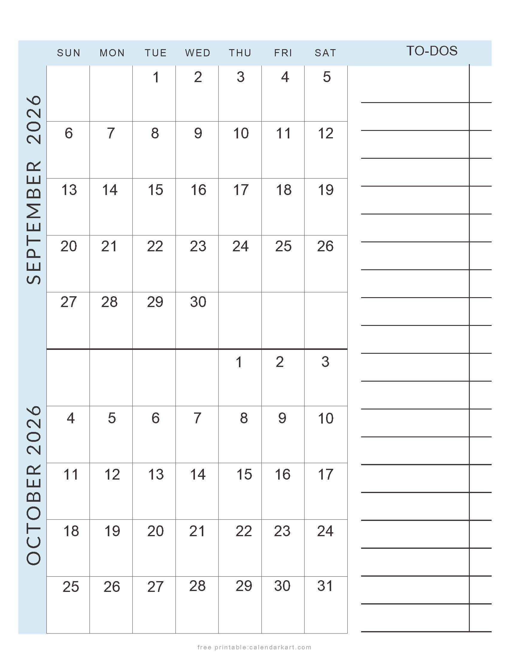 September October 2026 Planner Calendar Soft Pastel
