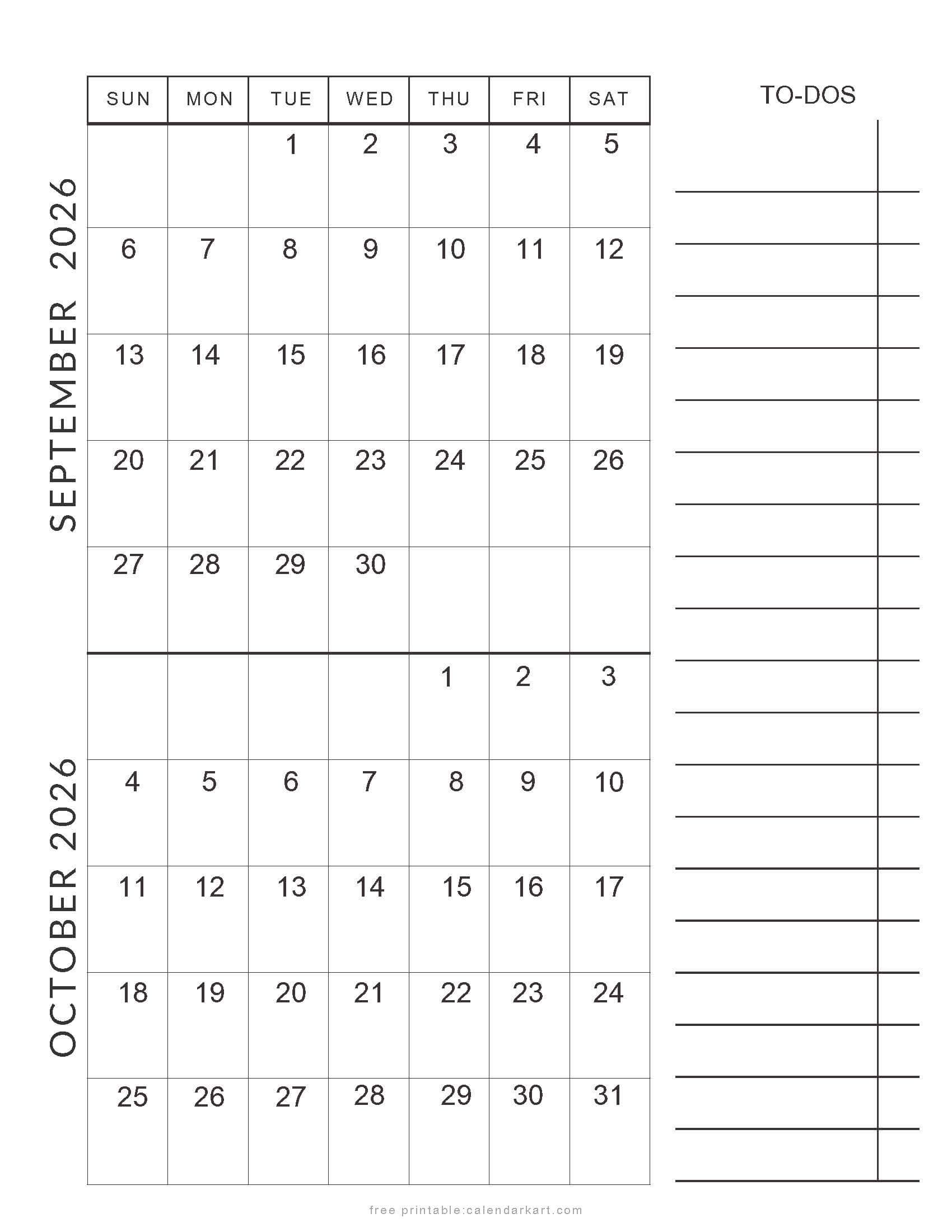 September October 2026 Planner Calendar