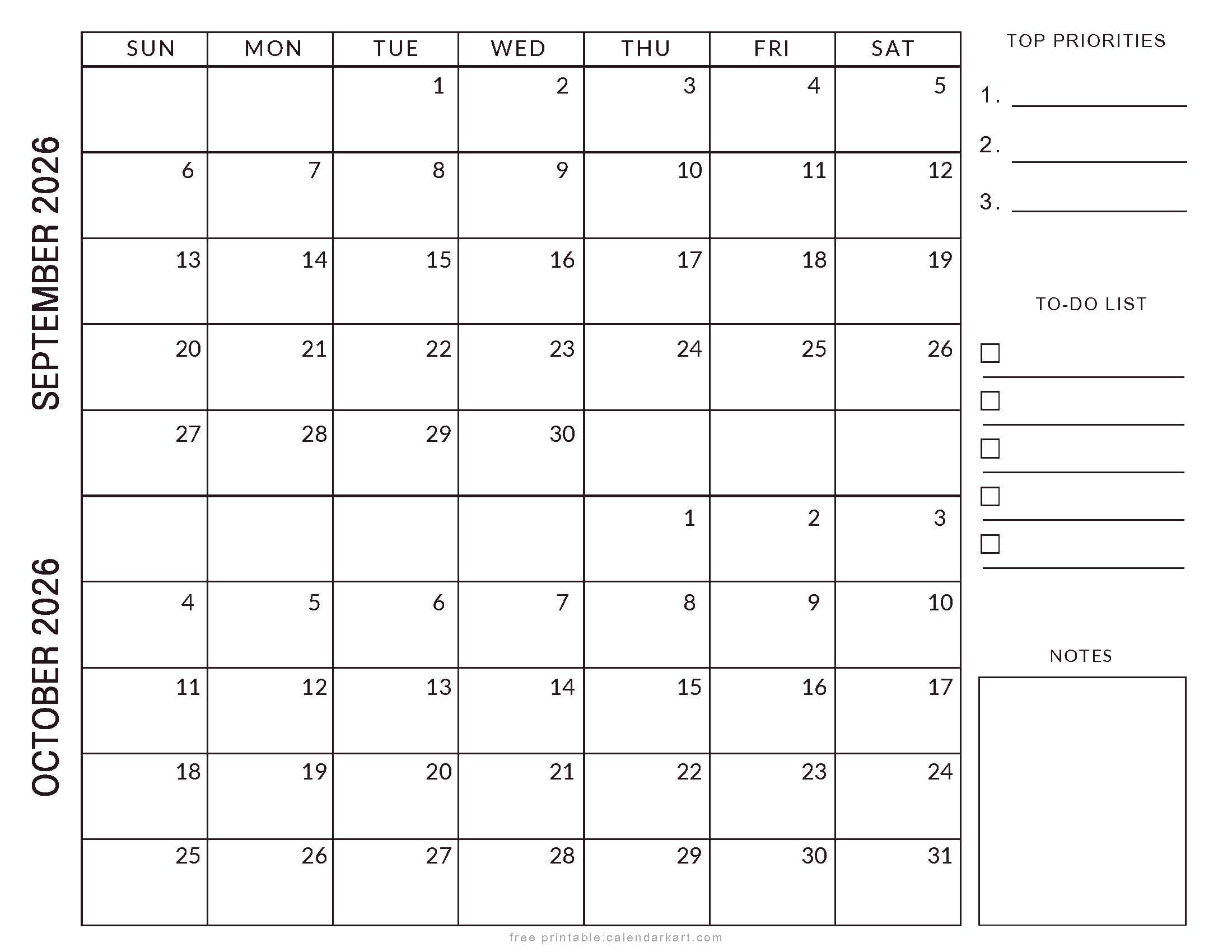 September October 2026 Planner Style Calenda