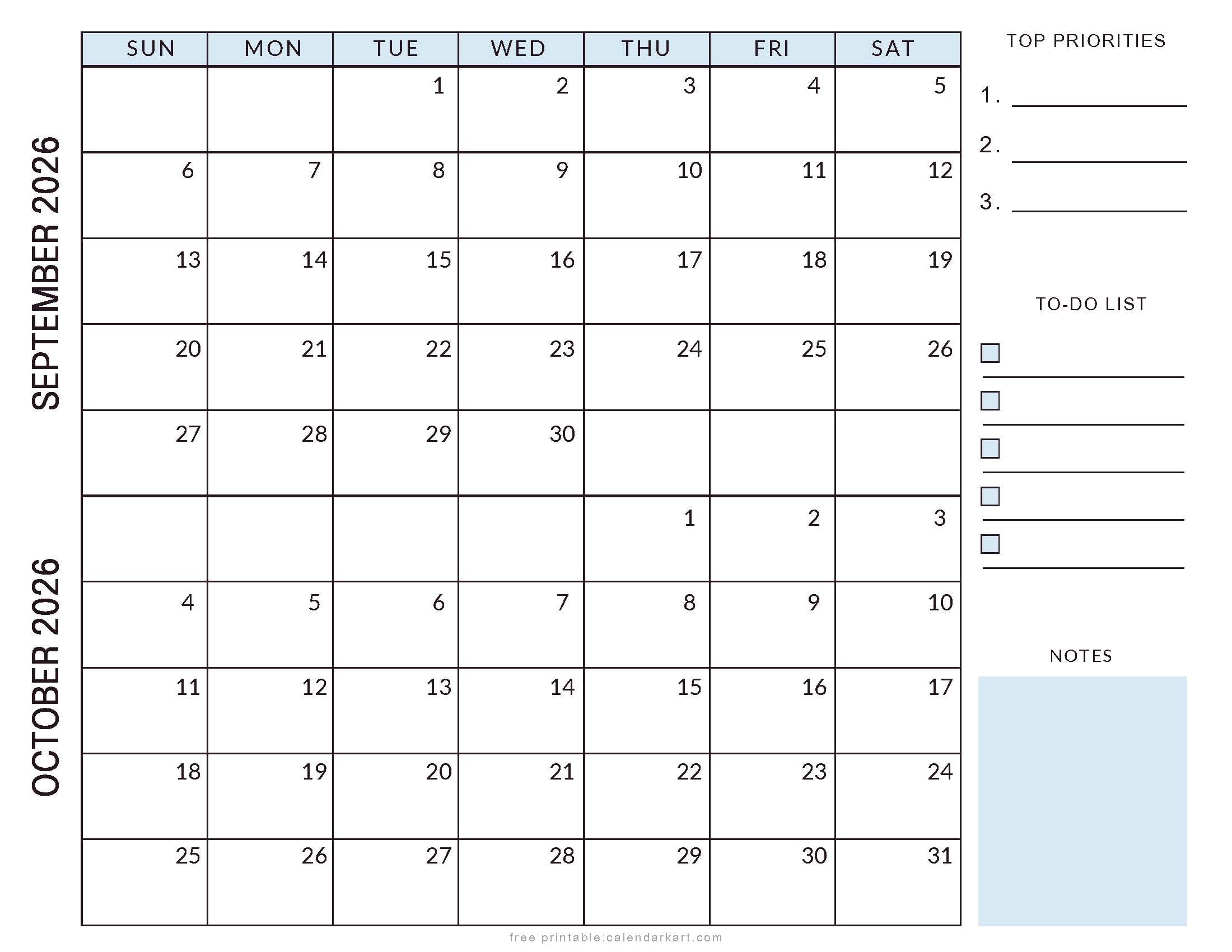 september october 2026 Calendars – Free Printable PDFs - CalendarKart