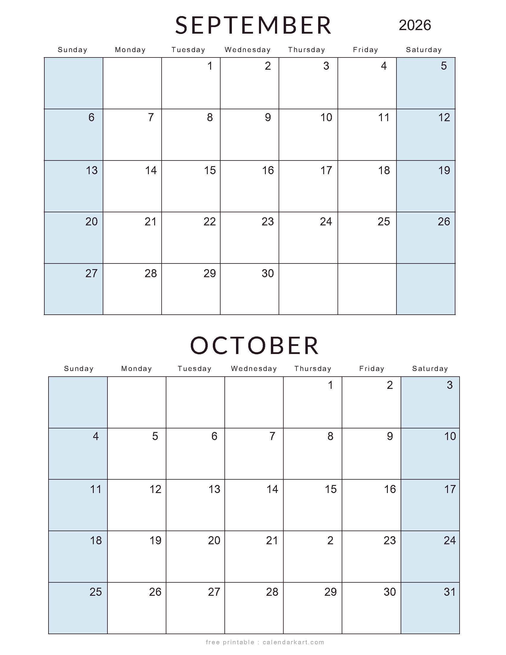 September October 2026 Standard Calendar Soft Pastel