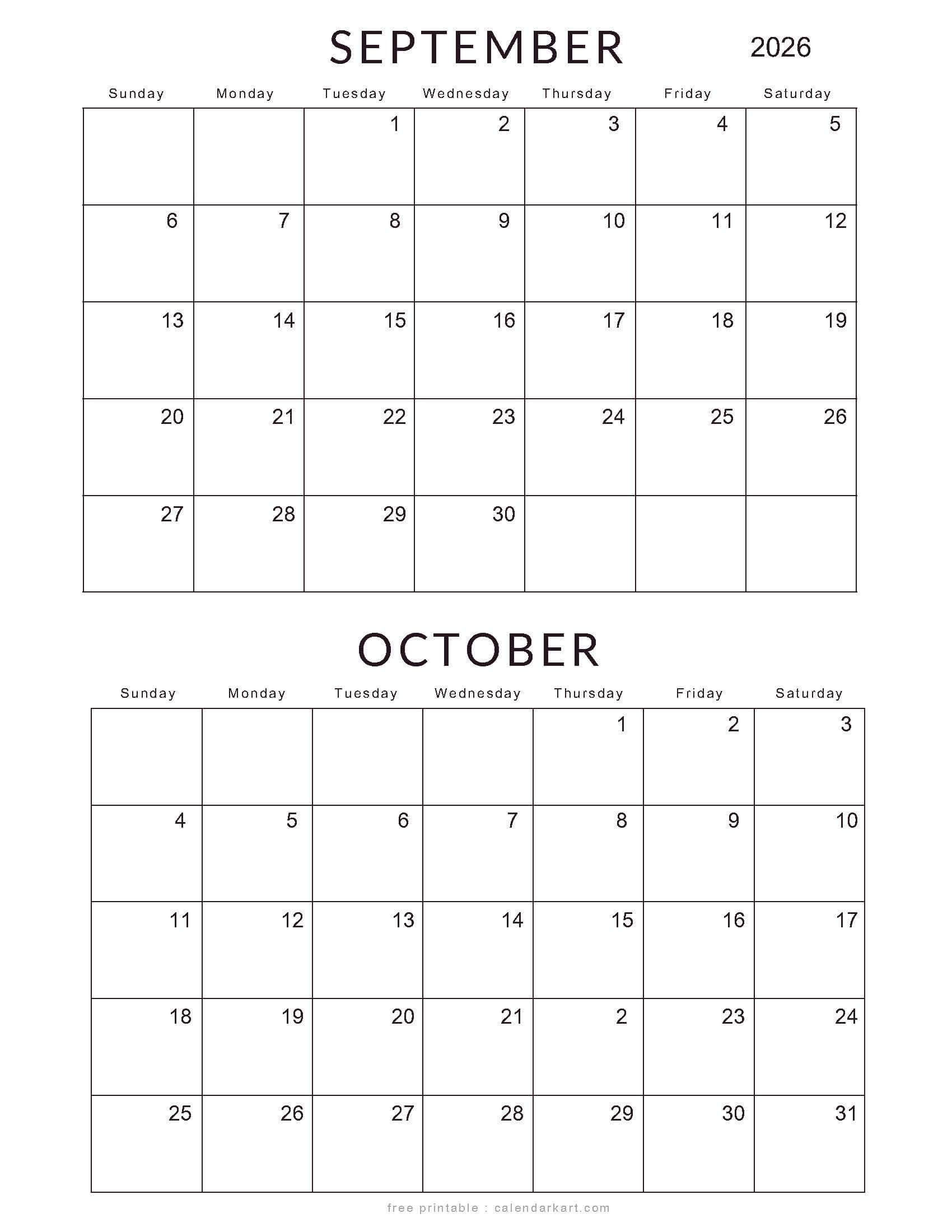 September October 2026 Standard Calendar