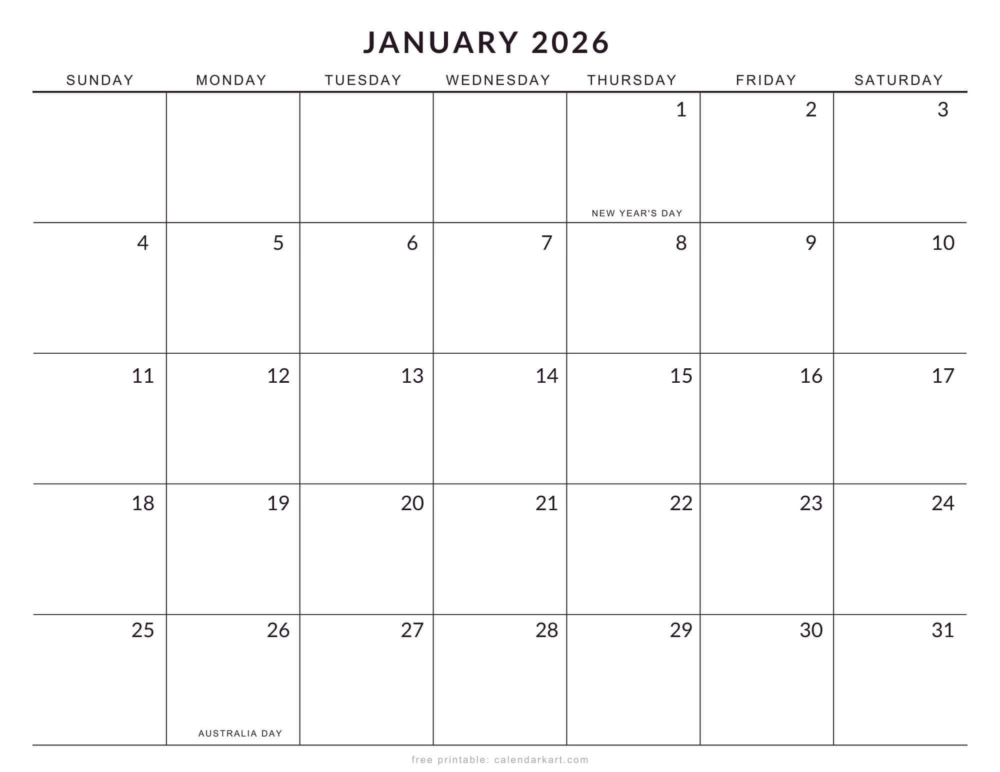 2026 Monthly Calendar with Holidays Australia Landscape