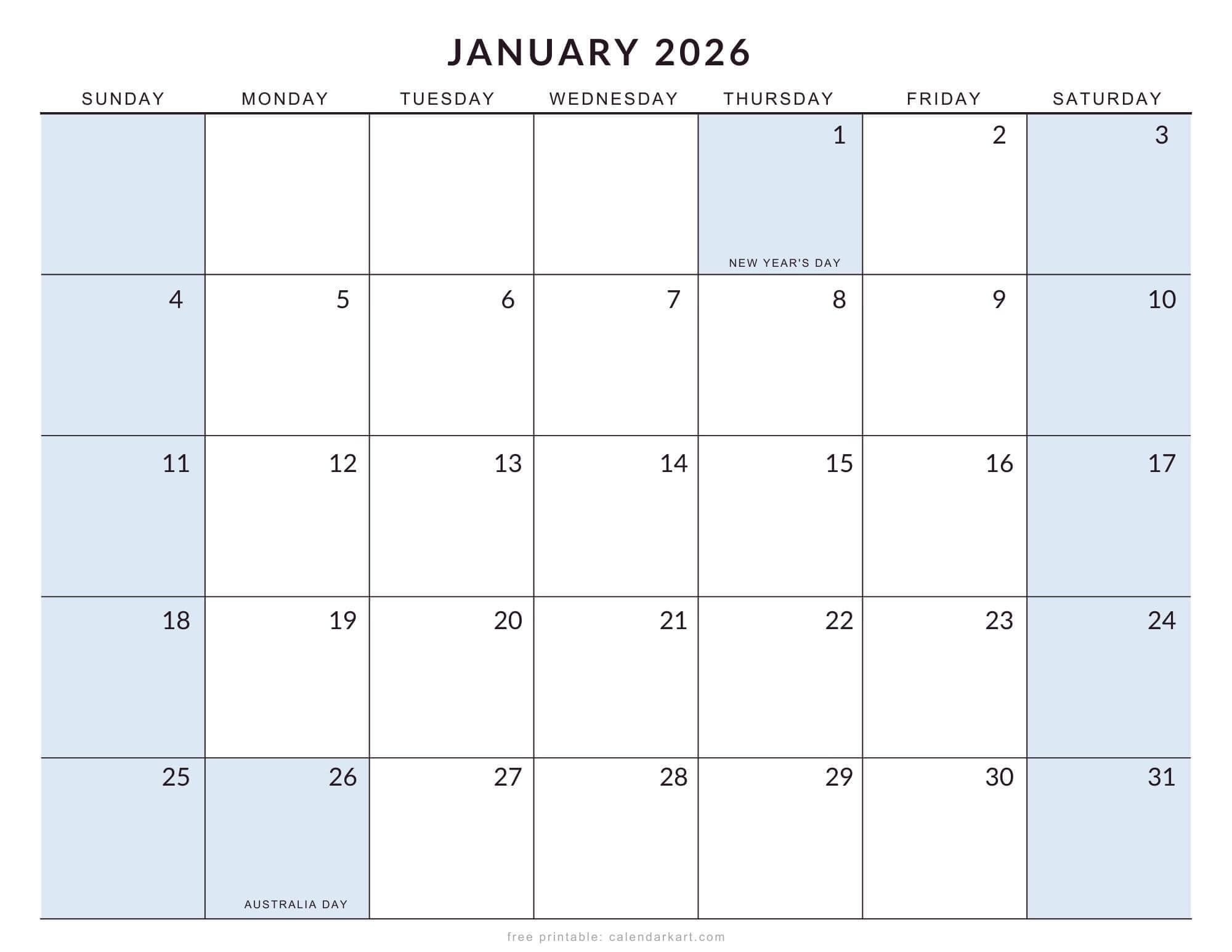 2026 Monthly Calendar with Holidays Australia Soft Pastel Landscape