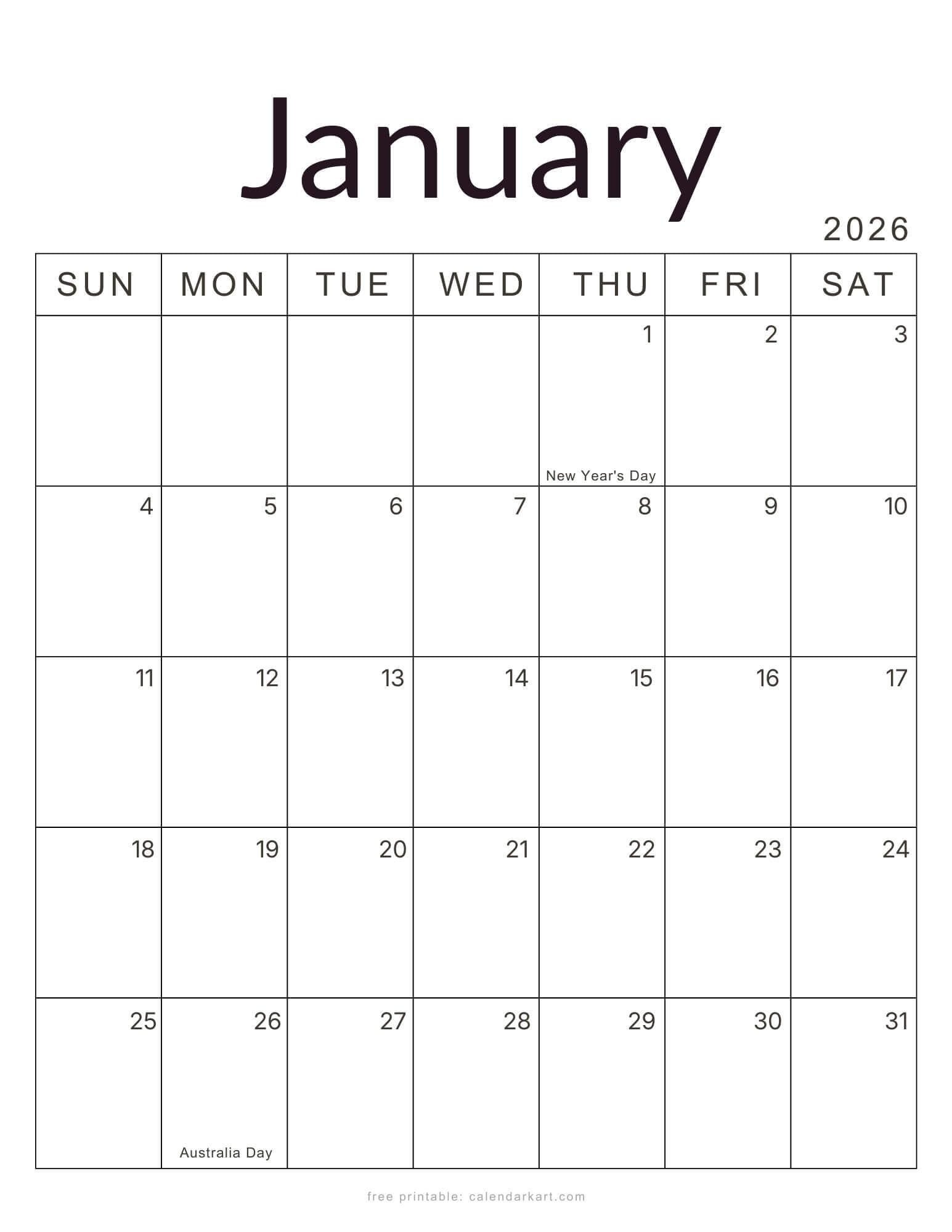 2026 Monthly Calendar with Holidays Australia