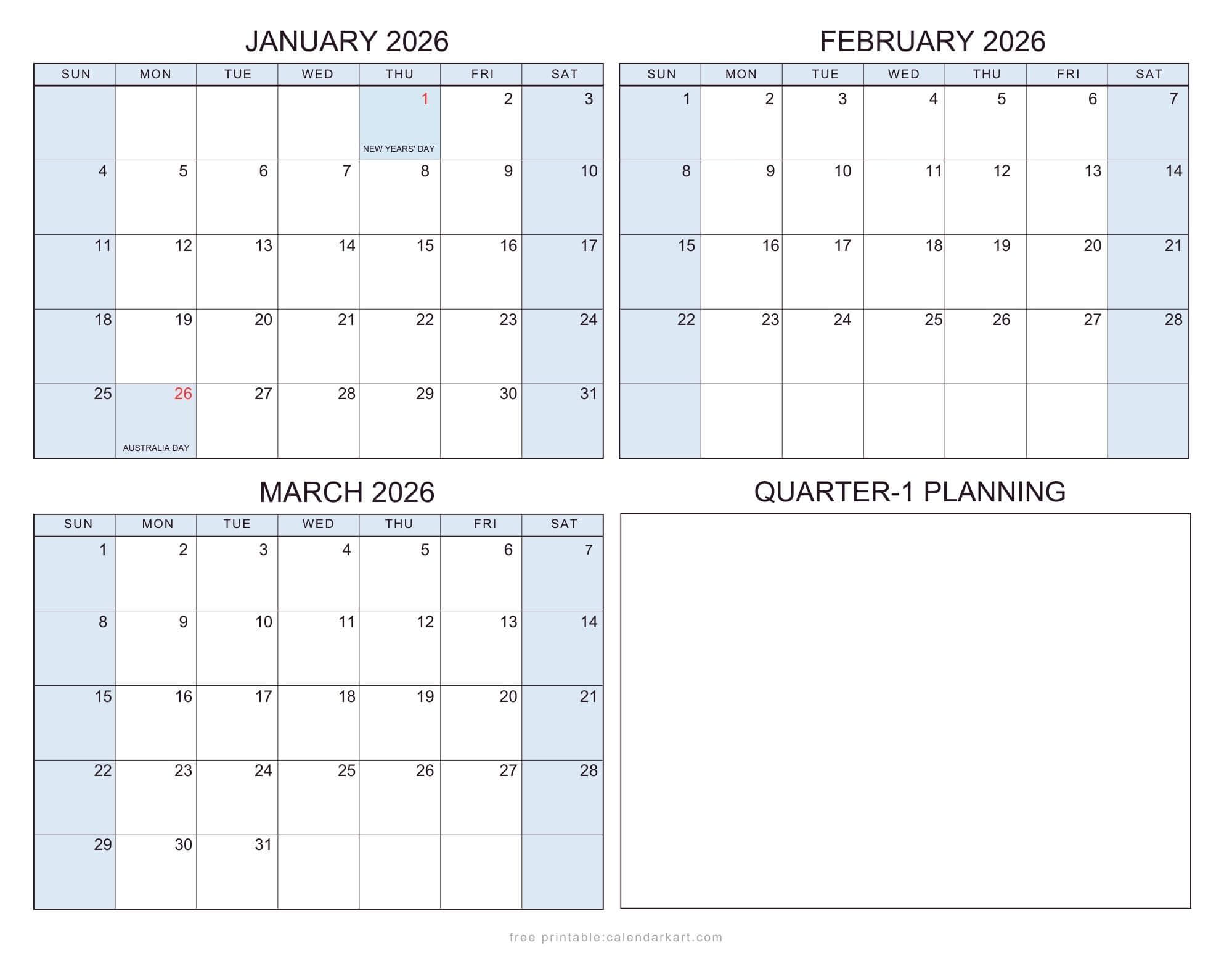 2026 Quarterly Calendars with Holidays Australia Soft Pastel