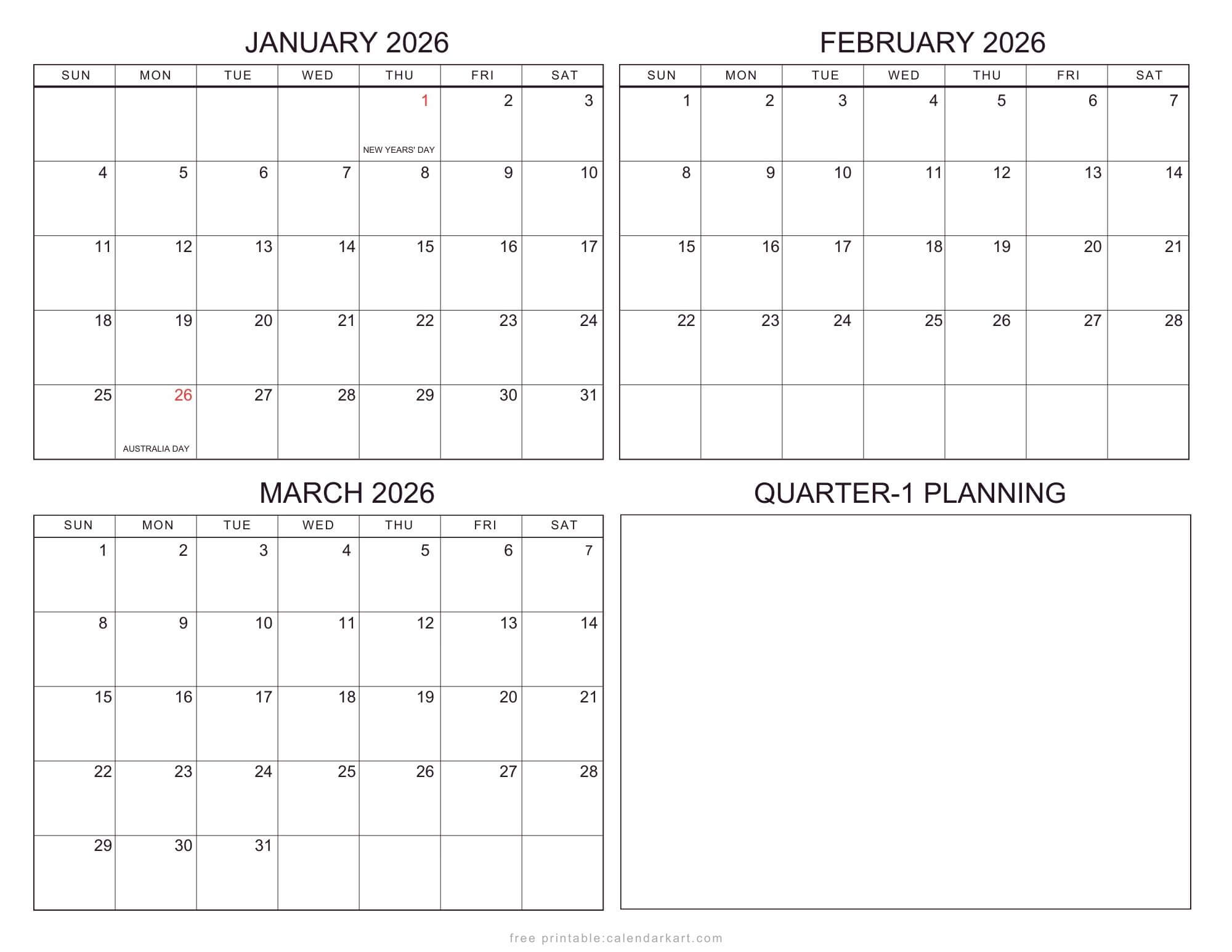 2026 Quarterly Calendars with Holidays Australia