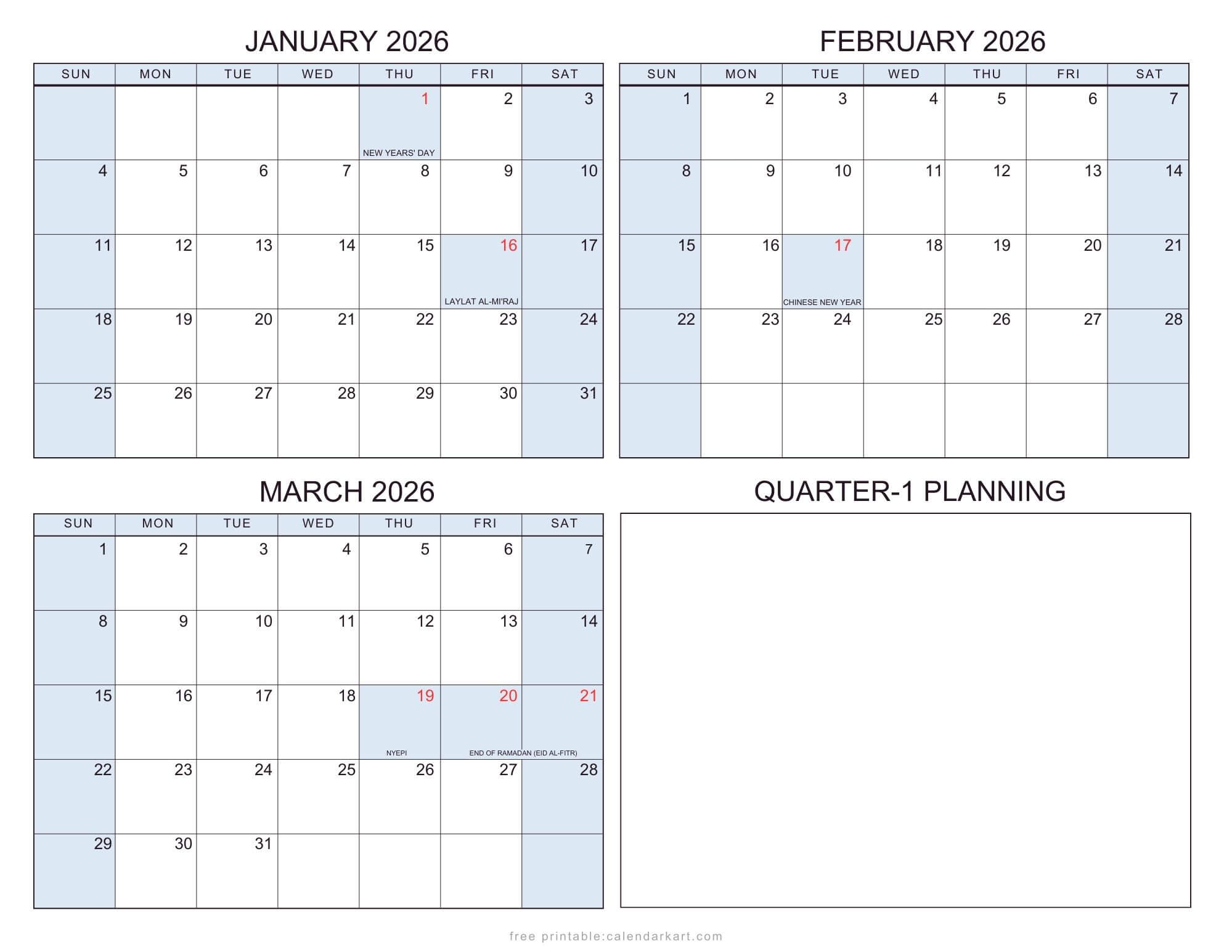 2026 Quarterly Calendars with Holidays Indonesia Soft Pastel