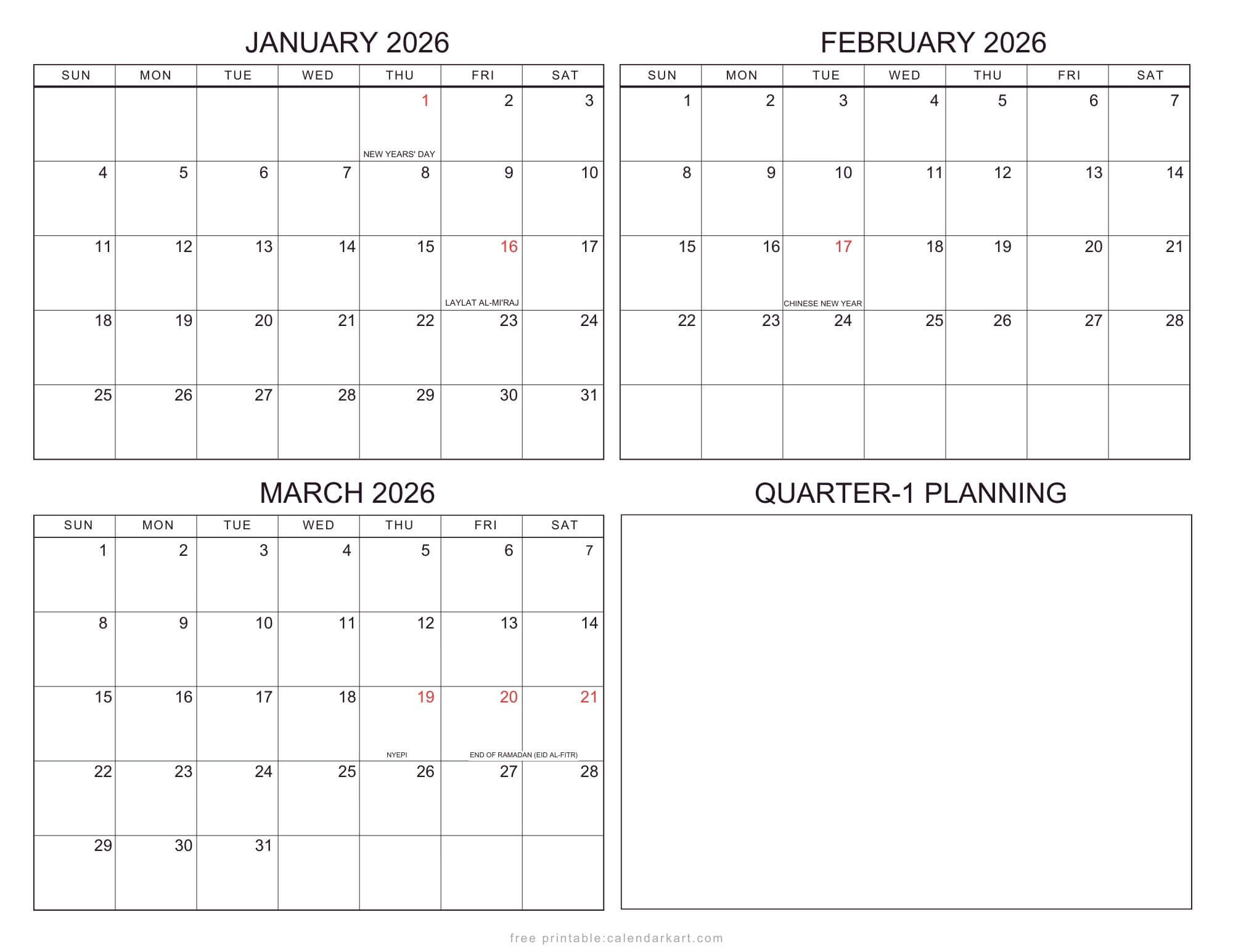 2026 Quarterly Calendars with Holidays Indonesia
