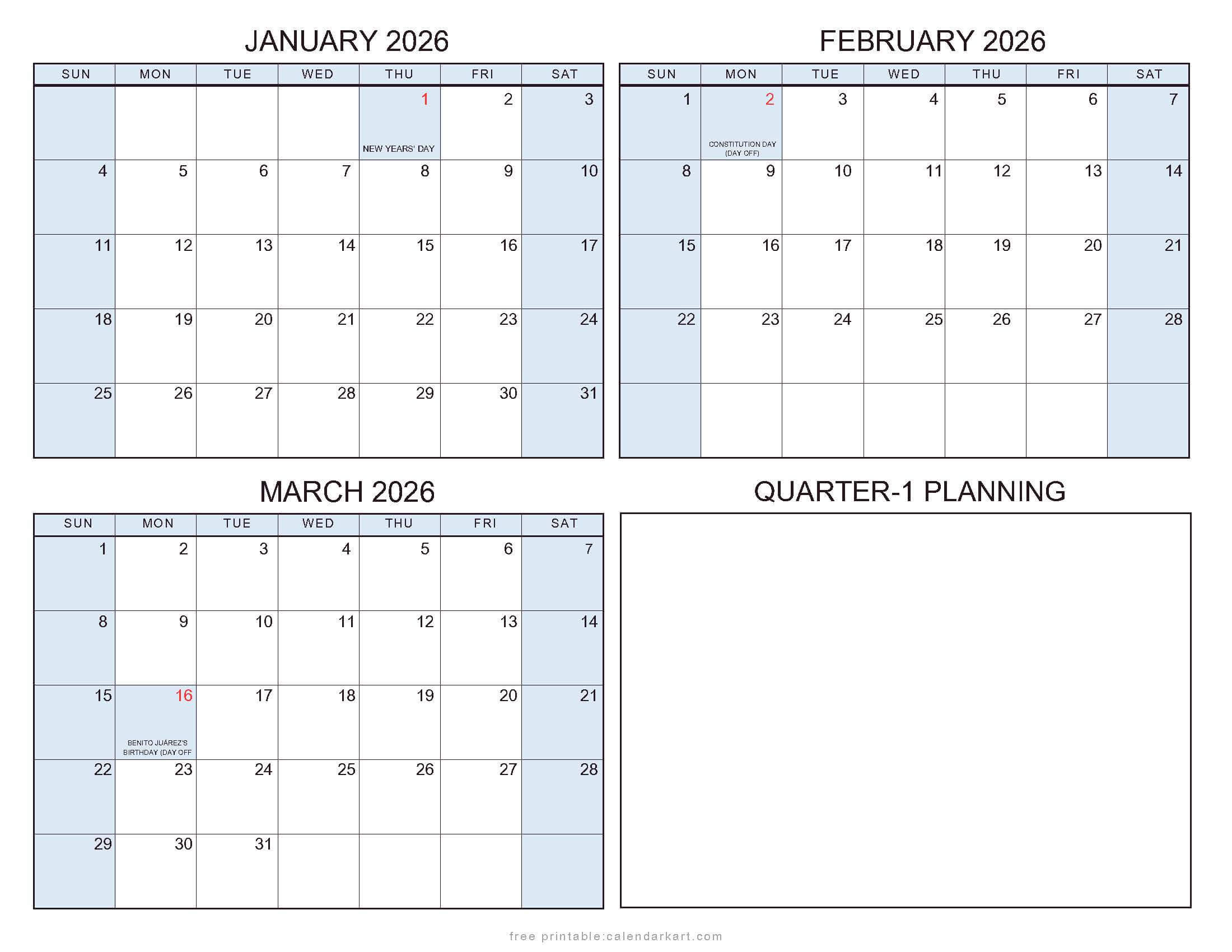 2026 Quarterly Calendars with Holidays Mexico Soft Pastel
