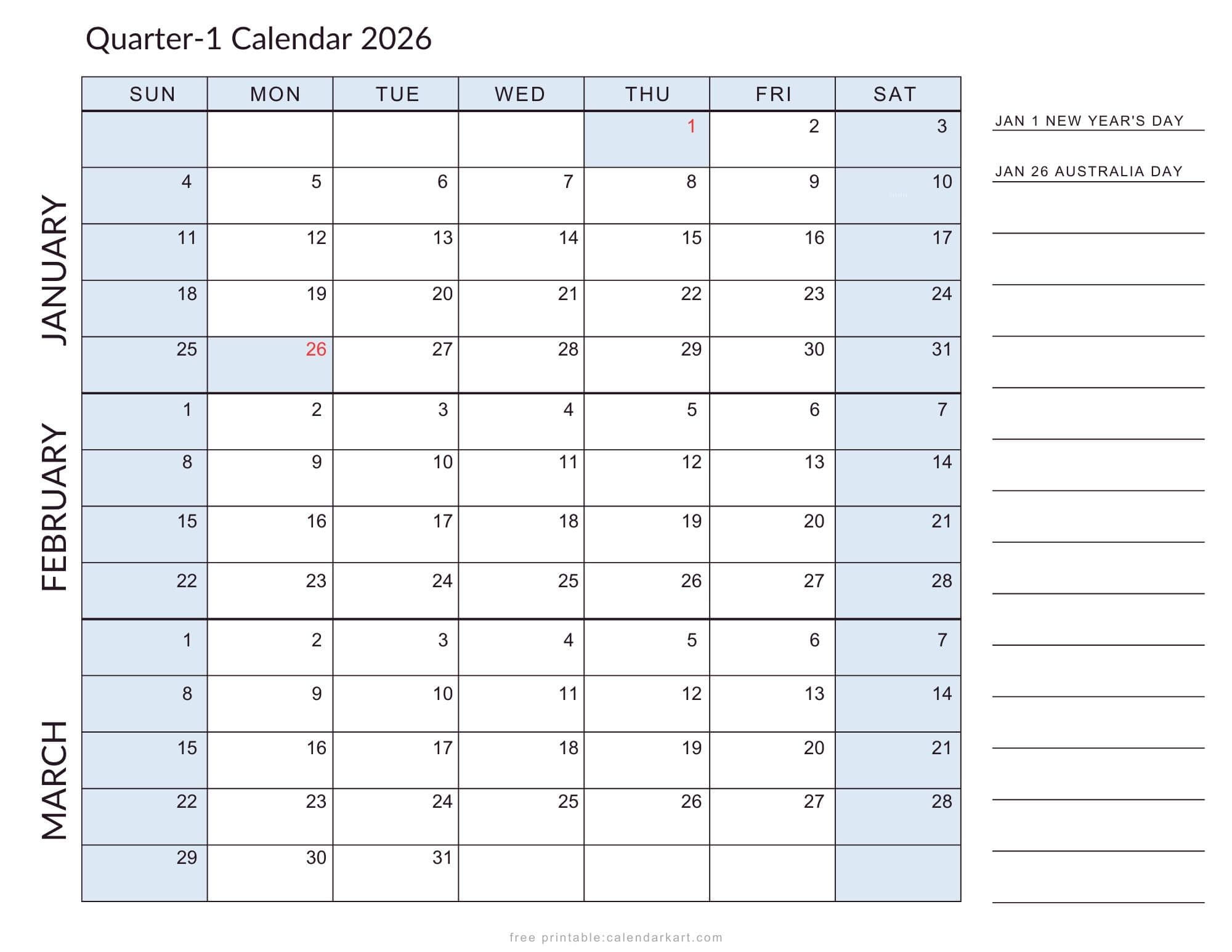 2026 Quarterly Calendars with Holidays Planner Australia Soft Pastel