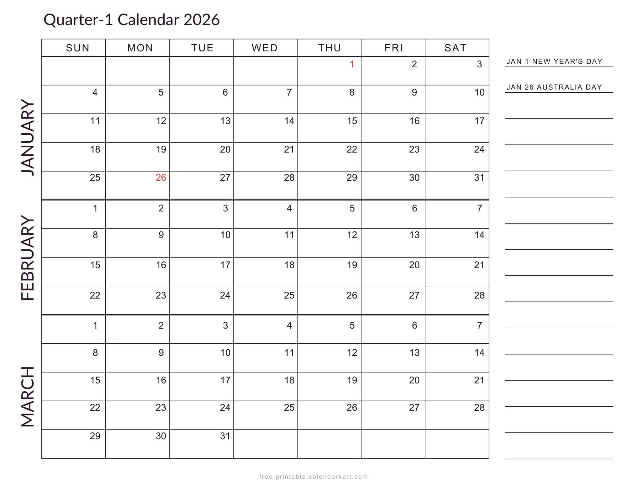 2026 Quarterly Calendars with Holidays Planner Australia