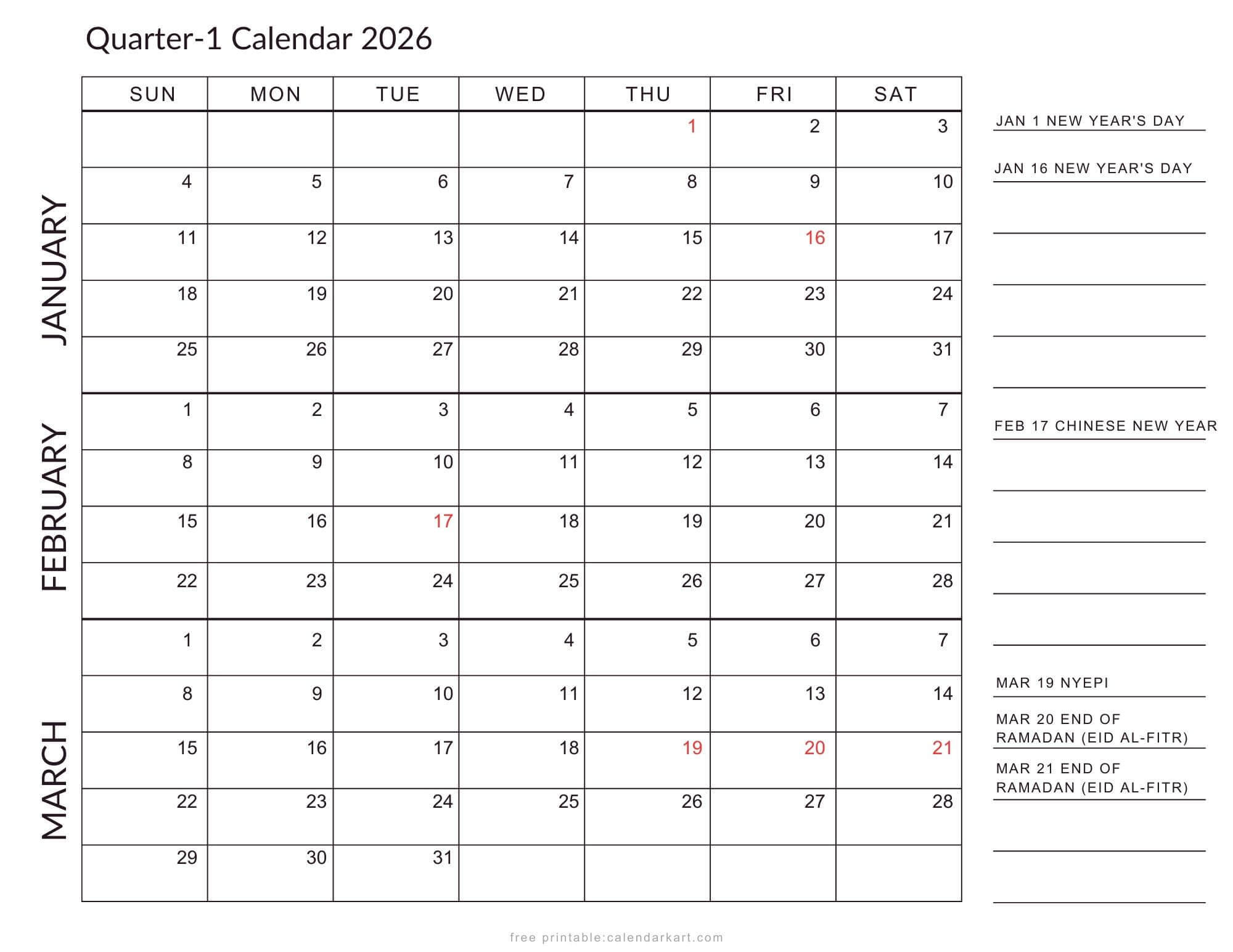 2026 Quarterly Calendars with Holidays Planner Indonesia