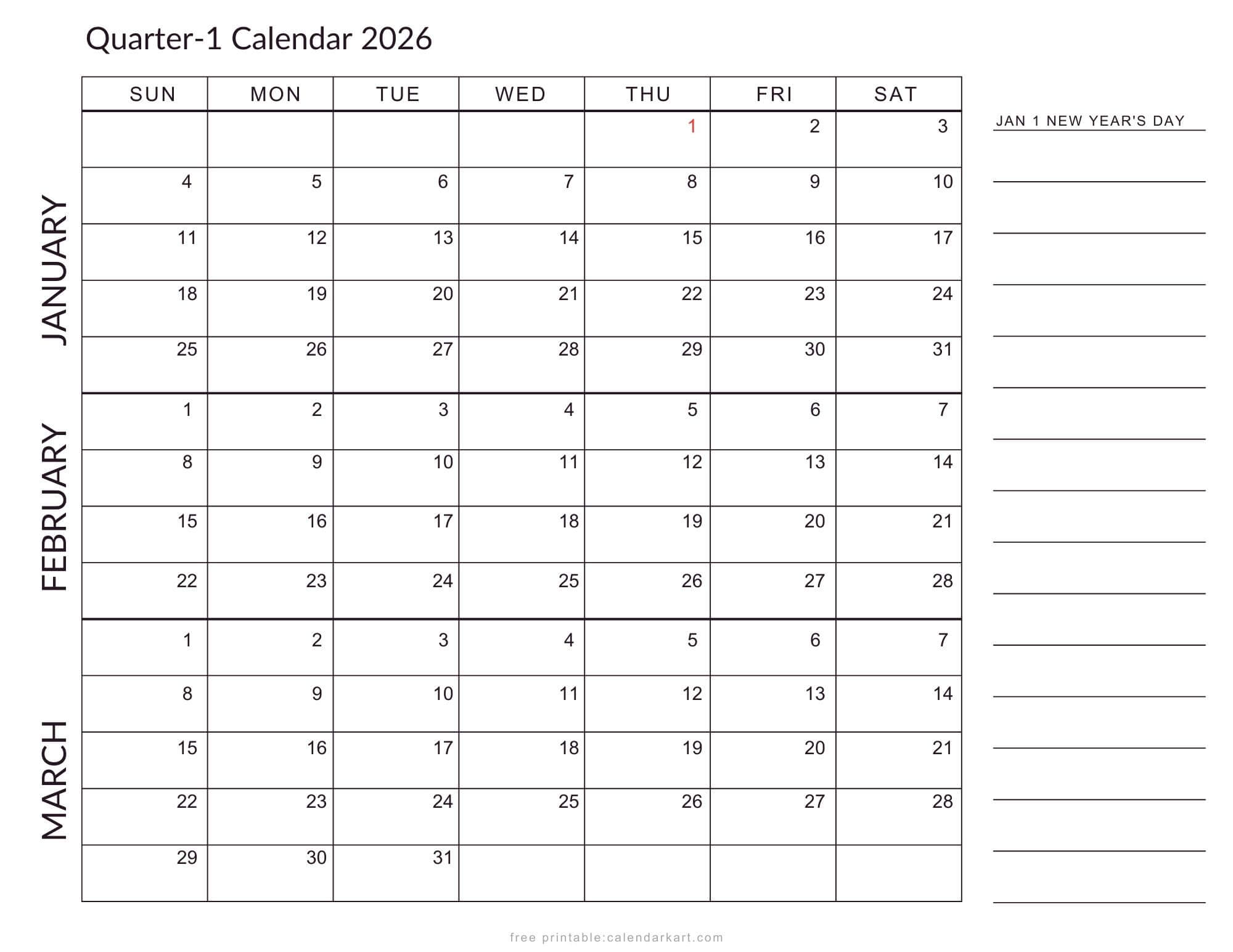 2026 Quarterly Calendars with Holidays Planner UK