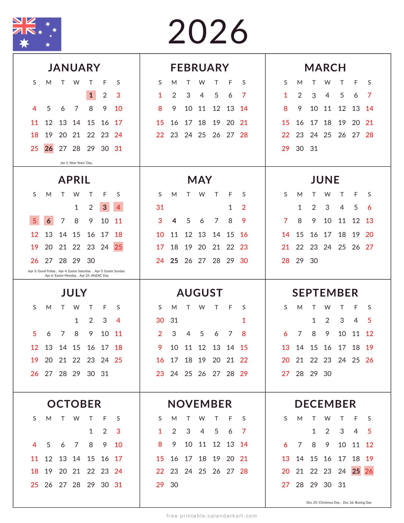 2026 Yearly Calendar with Australia Holidays