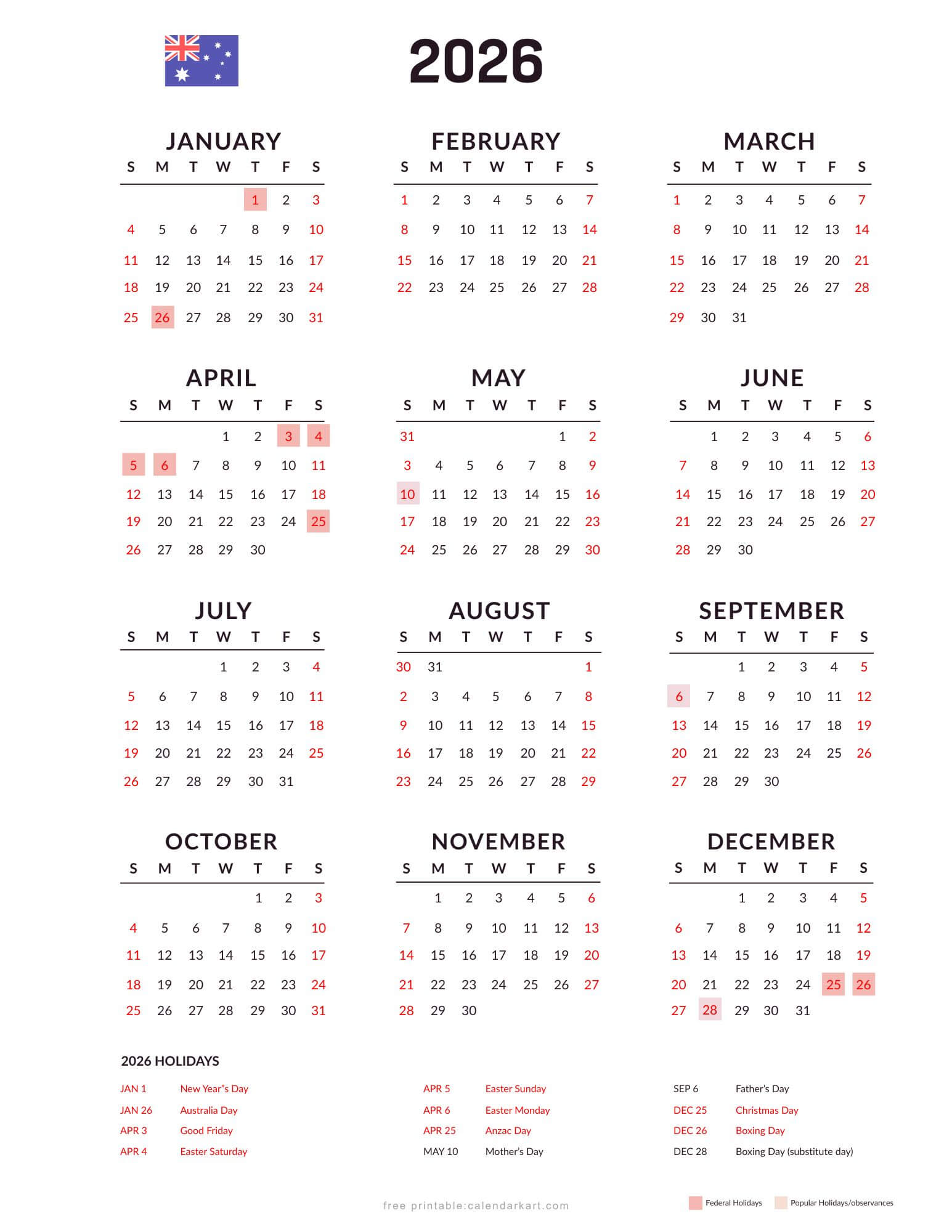 2026 Yearly Calendar with Australia with Popular Holidays