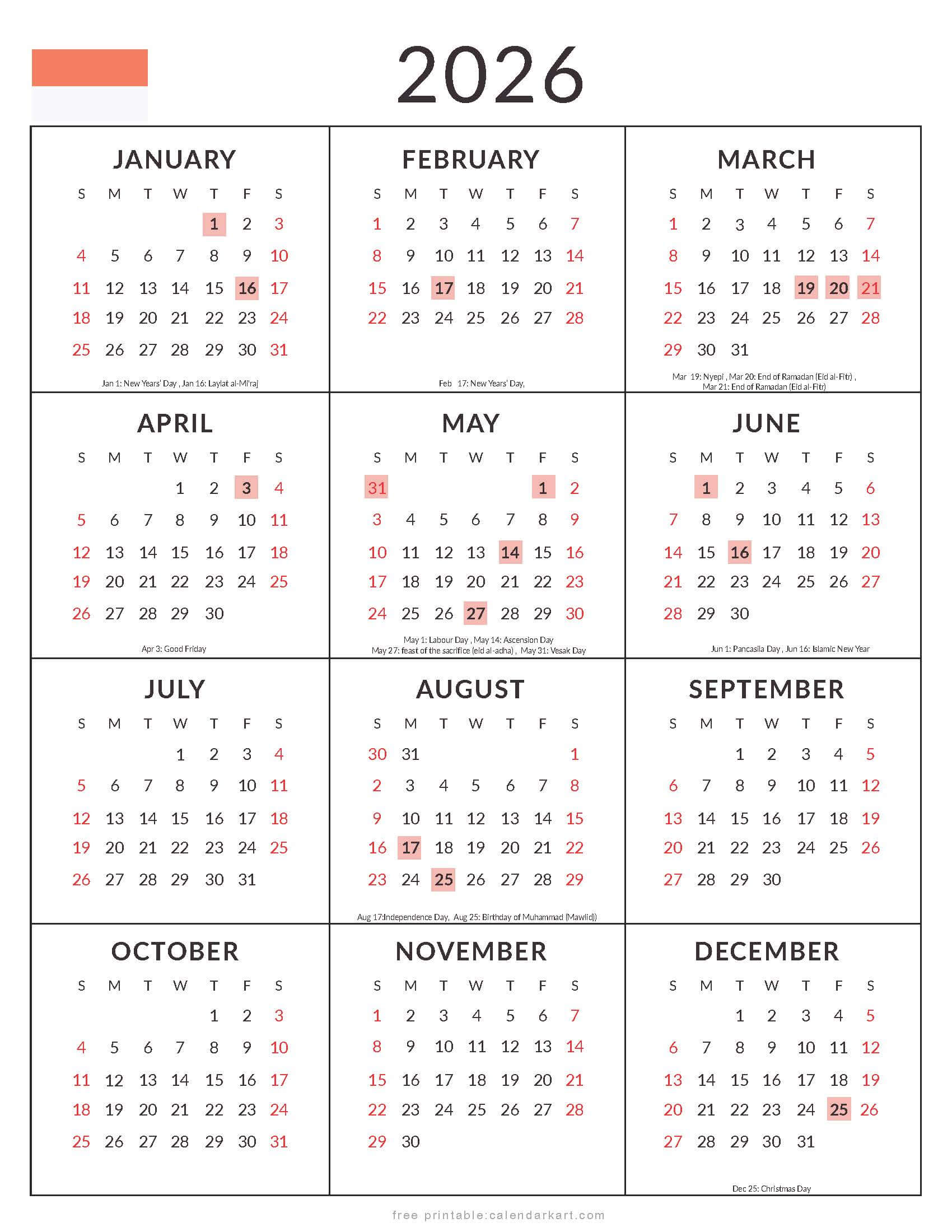 2026 Yearly Calendar with Indonesia Holidays