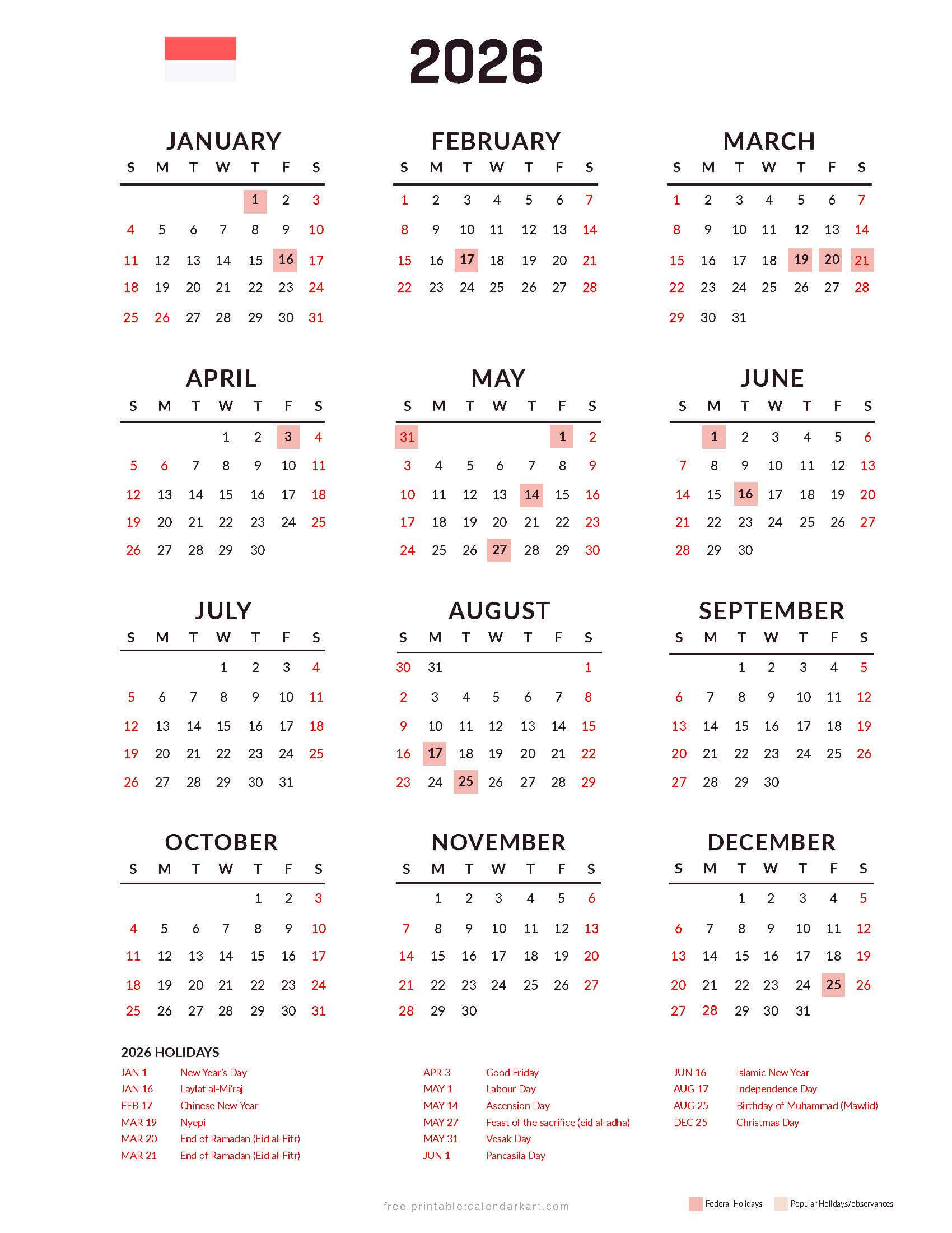 2026 Yearly Calendar with Indonesia with Popular Holidays